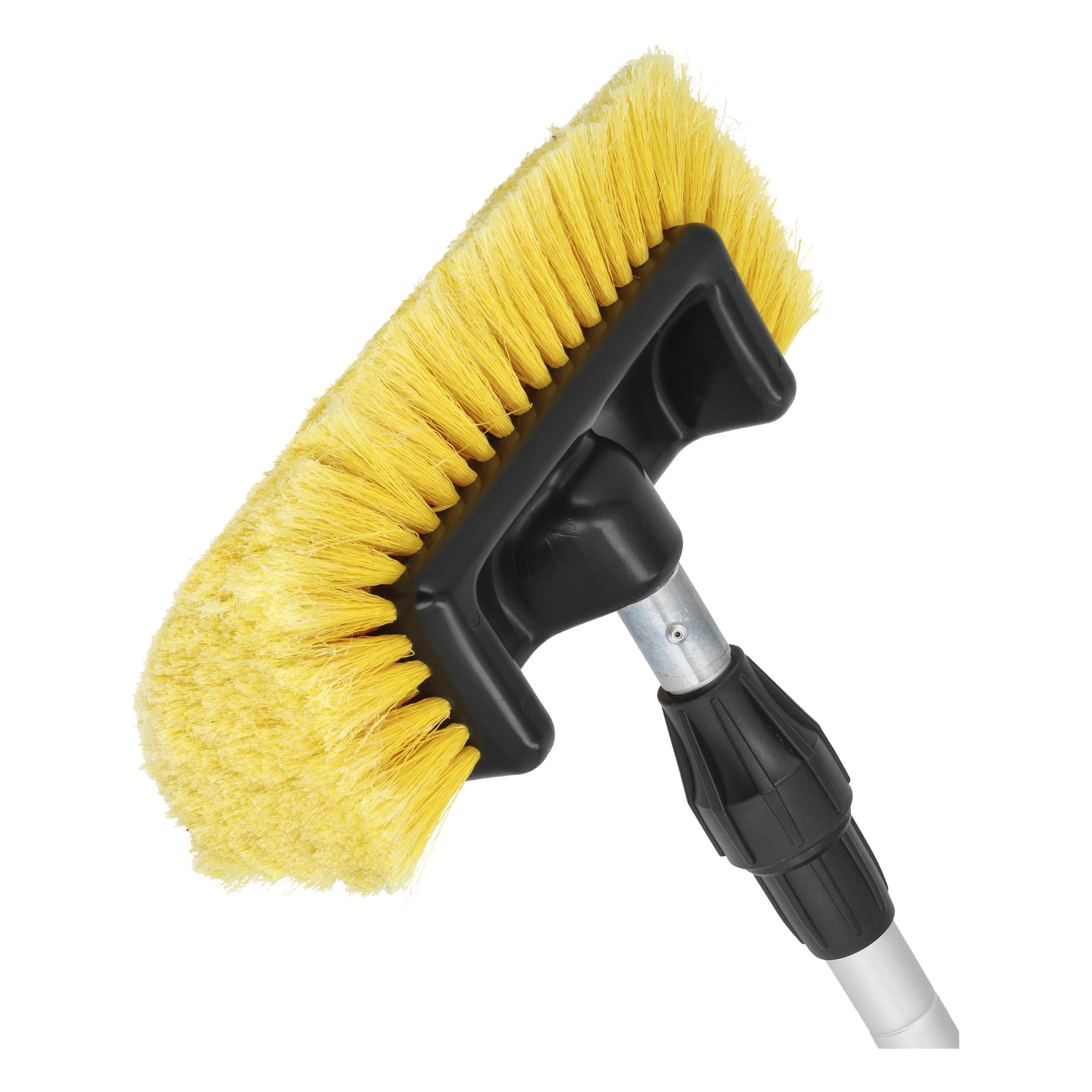 En detaljerad vy av Hamron Telescopic wash brush visar dess gula borst och svarta plastbas kopplade till ett silverhandtag, som vanligtvis används för att tvätta bilar eller däck.