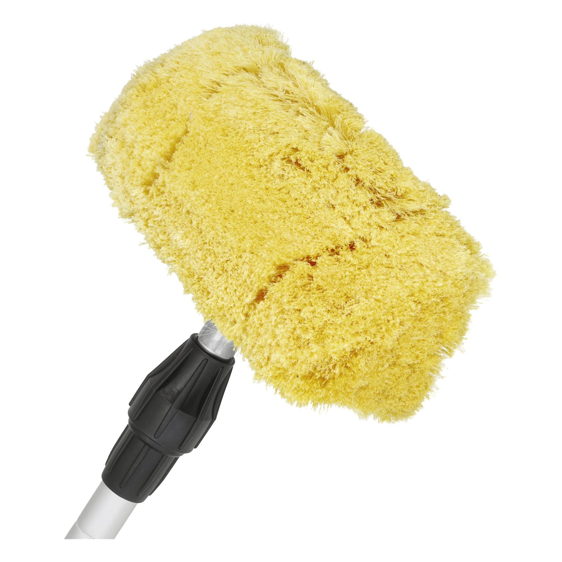 Hamron Telescopic Wash Brush har ett fluffigt, rektangulärt gult mikrofiberhuvud som är lämpligt för rengöring eller dammning av ytor. Den är fäst vid ett svart plasthandtag.