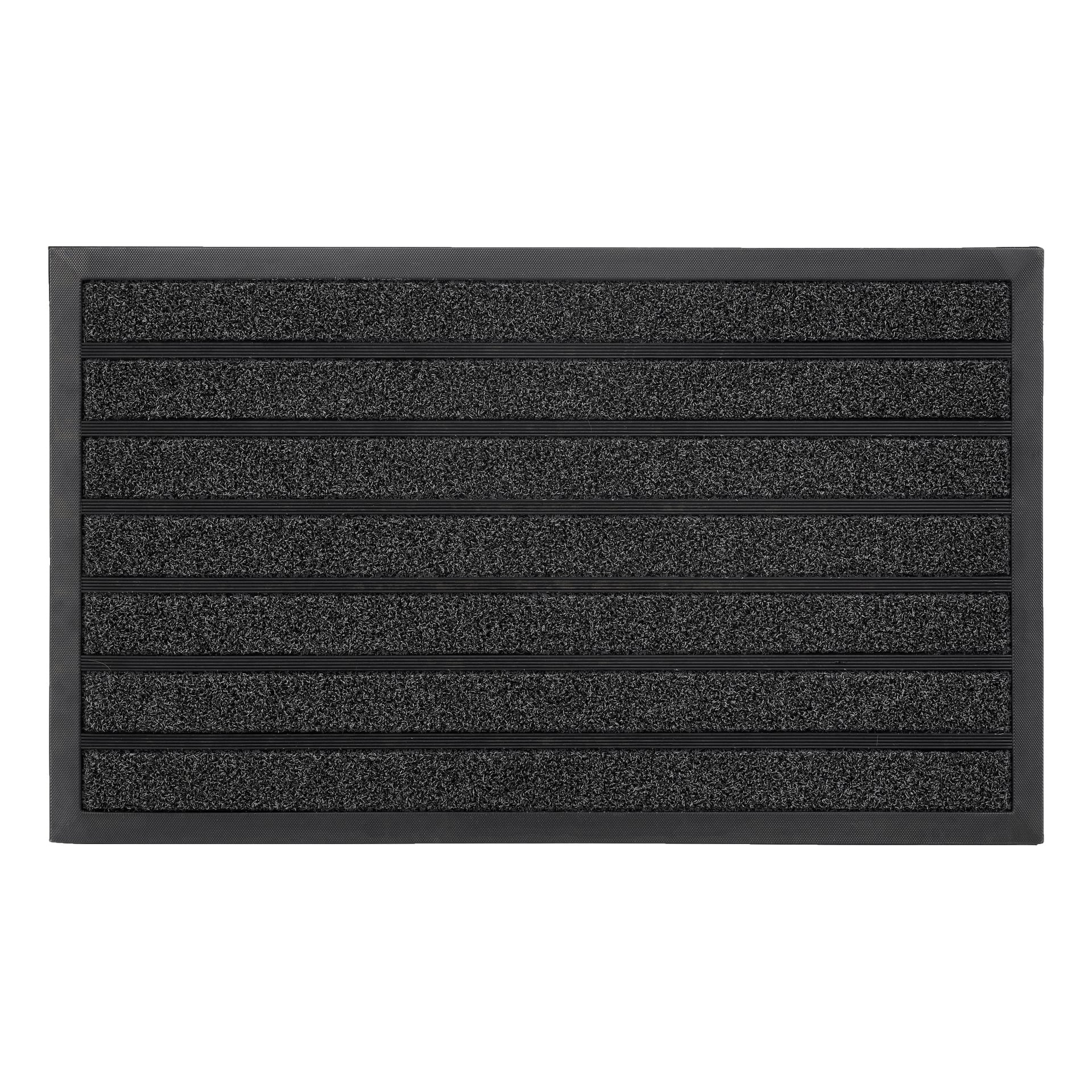 En rektangulär EKVIP-dörrmatta med svarta horisontella ränder som växlar mellan texturerade och släta ytor, sett uppifrån.