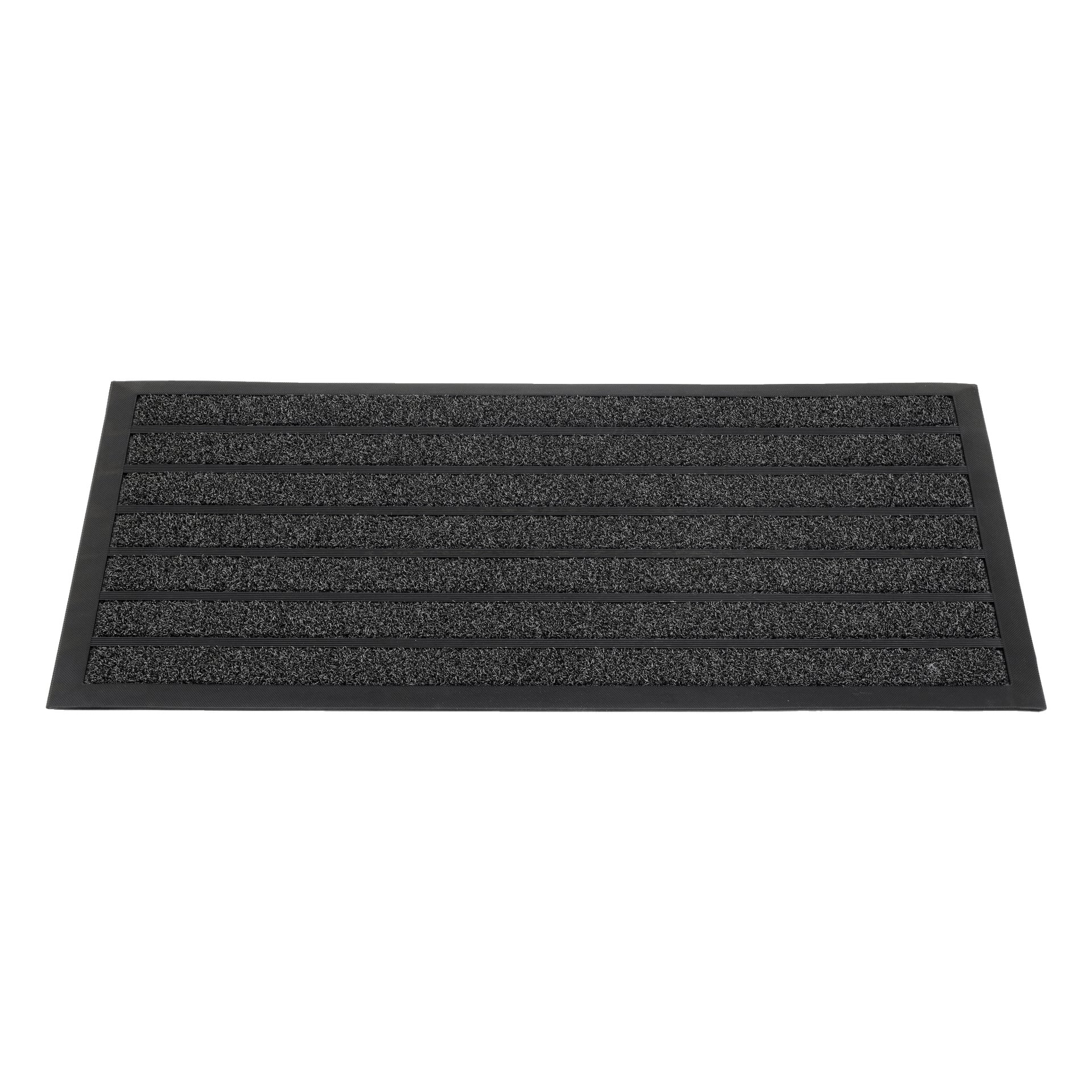 EKVIP Doormat är en svart, rektangulär matta med horisontella texturerade ränder och en gummikant.