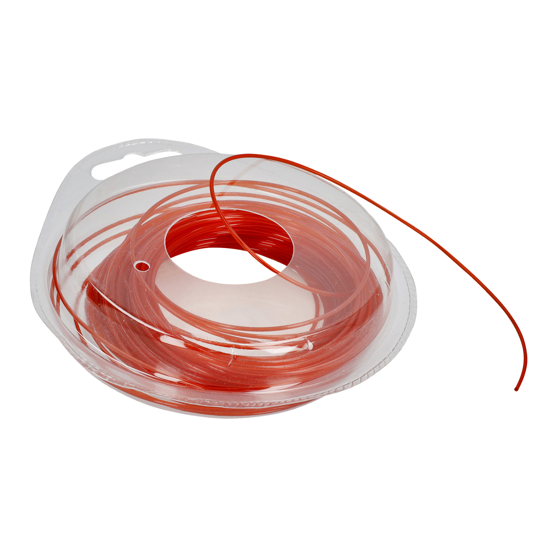 En rullad spole av Meec Tools Trimmer-sladd, tillverkad av smal röd plasttråd, sitter i en genomskinlig, cirkulär behållare med ett handtag, där en tråd sticker ut.