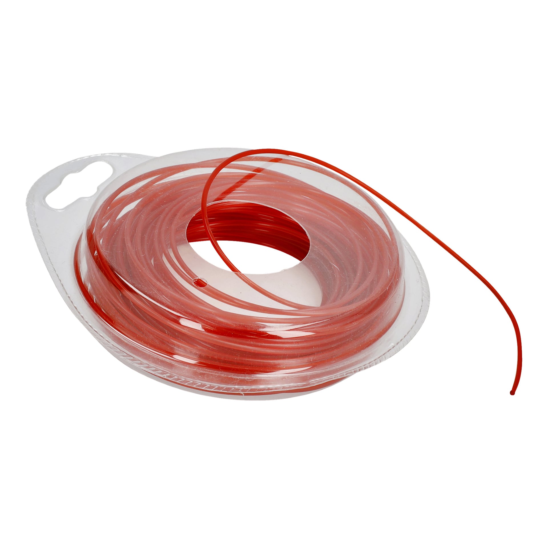 En transparent plastspole håller en spiralad röd trimmerlina med ena änden utstickande och inkluderar ett handtag utformat för enkel bäring eller upphängning.