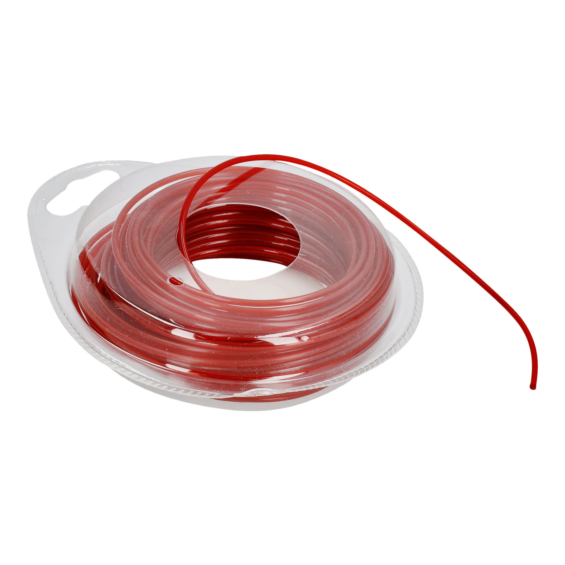 En röd spiralad Meec Tools Trimmer-kabel är innesluten i ett transparent plastfodral med ett utskuret handtag, där ena änden av sladden sticker ut från spolen.