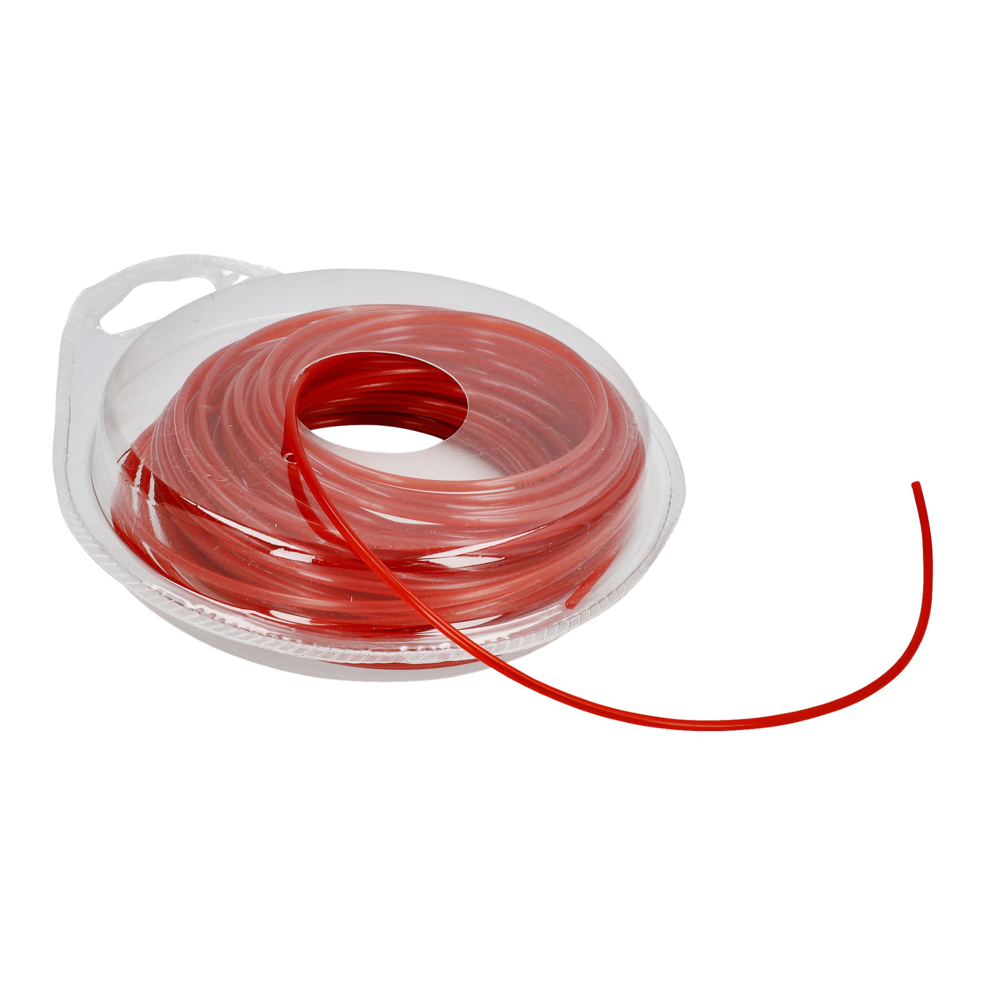 En Meec Tools Trimmer-sladd är prydligt lindad inuti ett transparent plastfodral, med ena änden av den klarröda flexibla sladden som sticker ut.