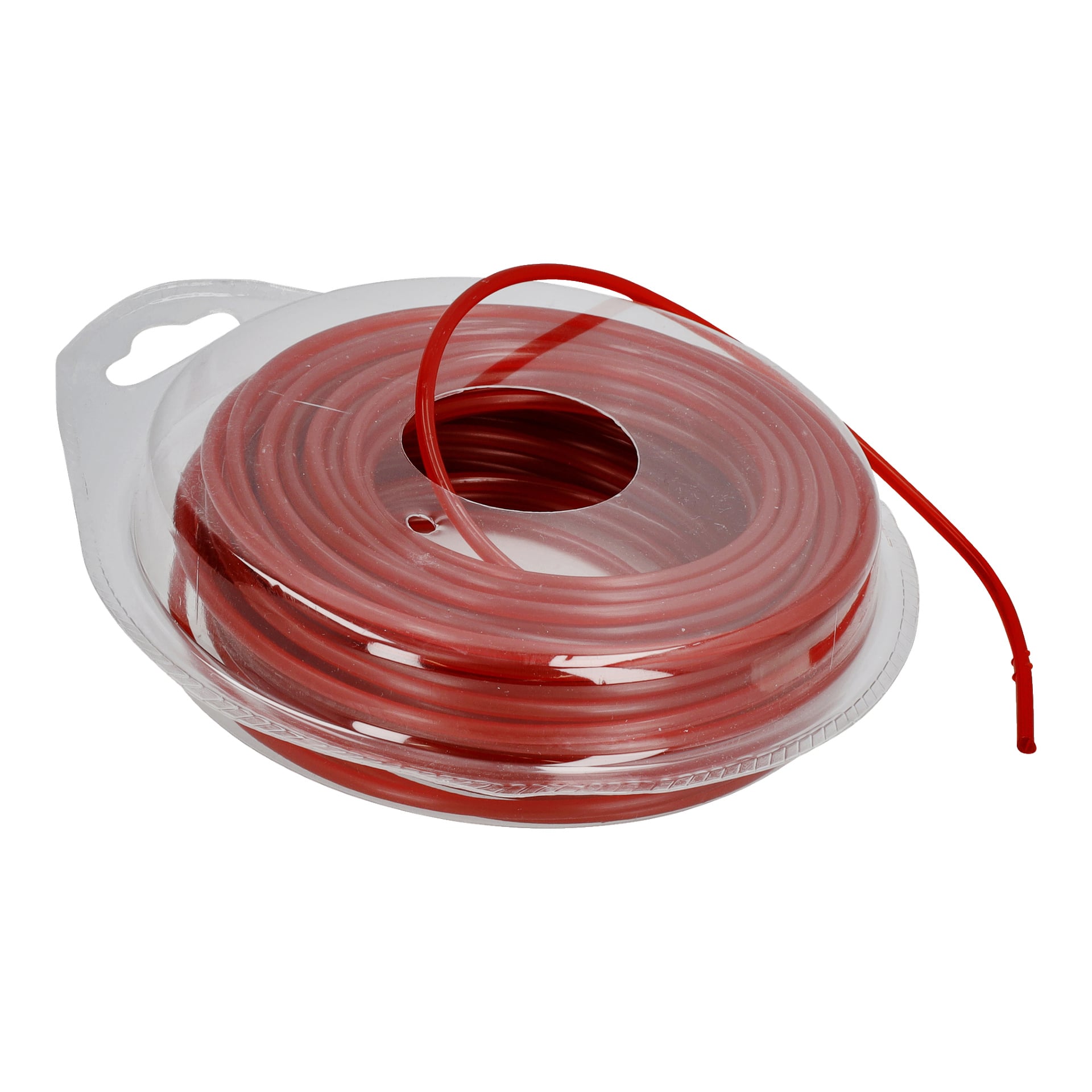 En spole av röd Meec Tools Trimmer-kabel är inrymd i ett genomskinligt plastfodral med ett hål i mitten och en dragflik upptill för att hänga upp. Trimmersträngen sticker ut lite från en öppning i behållaren.