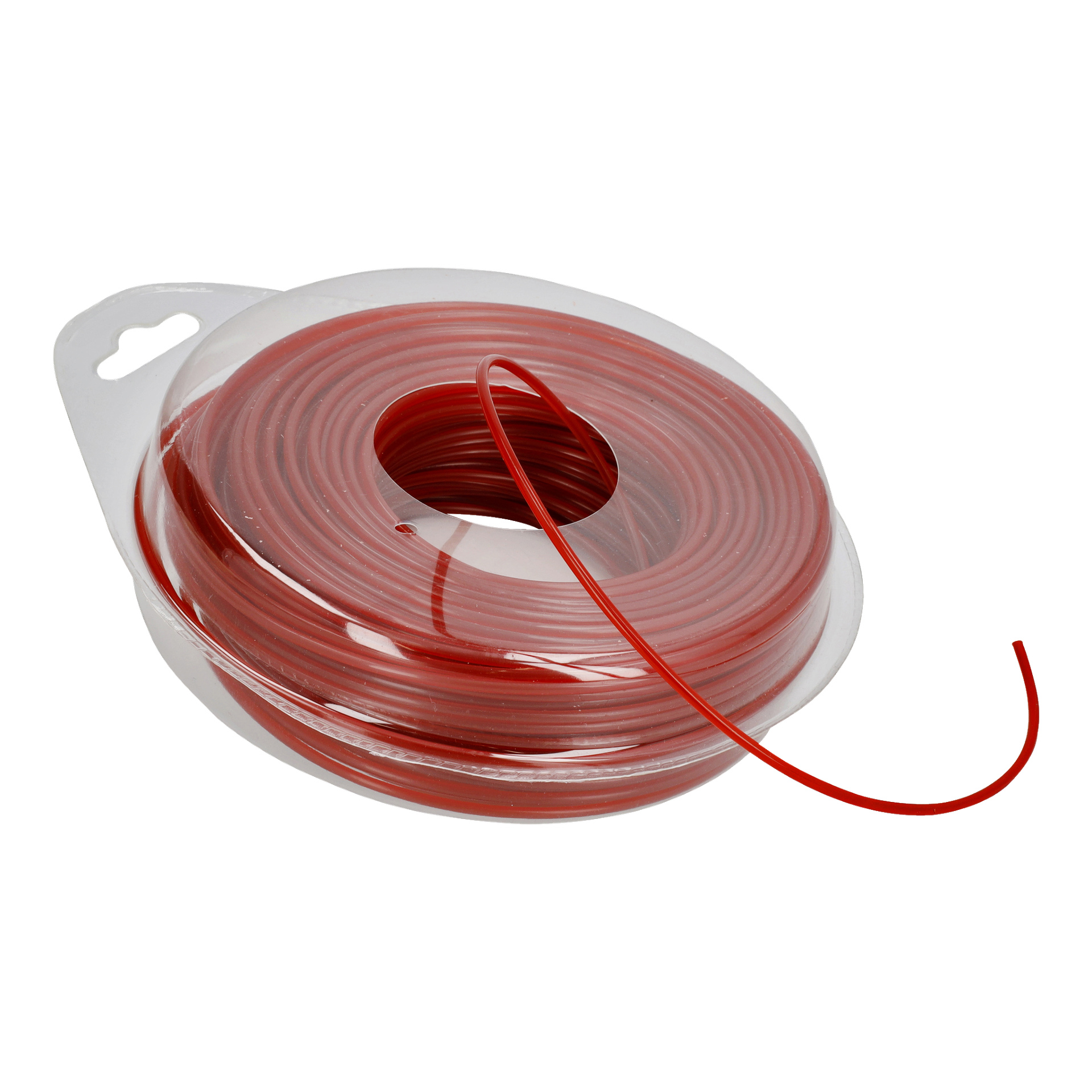 En röd plastspole med Meec Tools Trimmer-sladd, prydligt lindad inuti ett transparent paket, med ena änden av sladden utstickande.