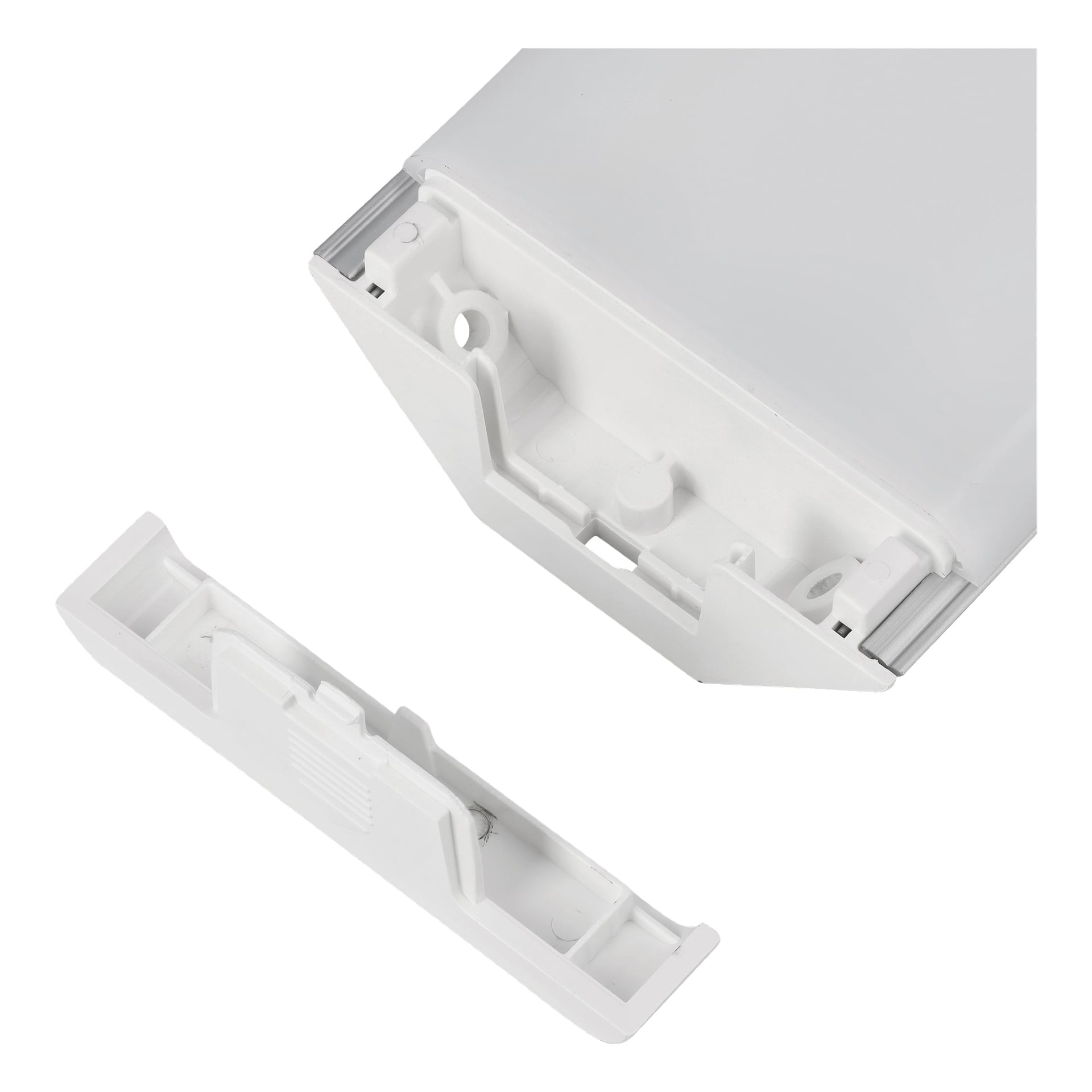 En detaljerad närbild av Anslut Worktops lampa-LED, med fokus på dess vita plasthölje med avtagbart lock borttaget för att visa det inre facket och monteringsdetaljerna.