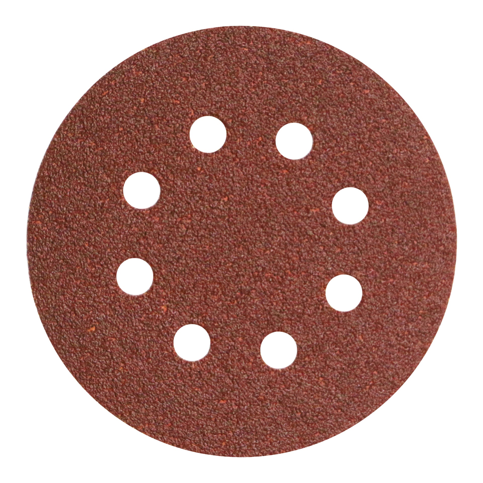 En rödbrun, grov Meec Tools Sanding Disc från en fempack visar åtta jämnt fördelade hål i en ring nära mitten, gjorda för användning med en elektrisk slipmaskin.