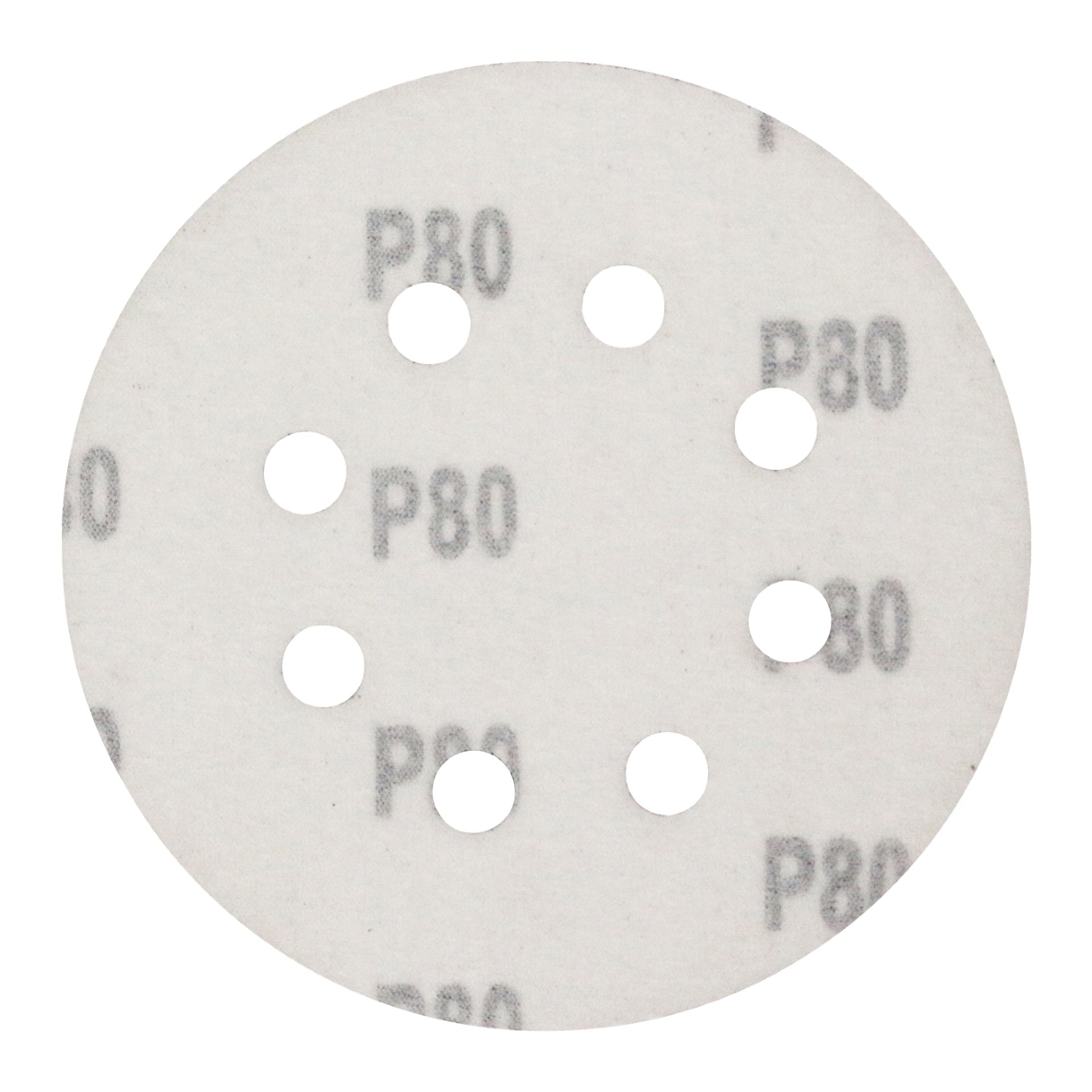 En ljusfärgad Meec Tools-slipskiva från ett Sanding Discs 5-paket visas. Den cirkulära skivan har åtta jämnt fördelade hål och kornstorleken P80 förekommer flera gånger på dess yta.