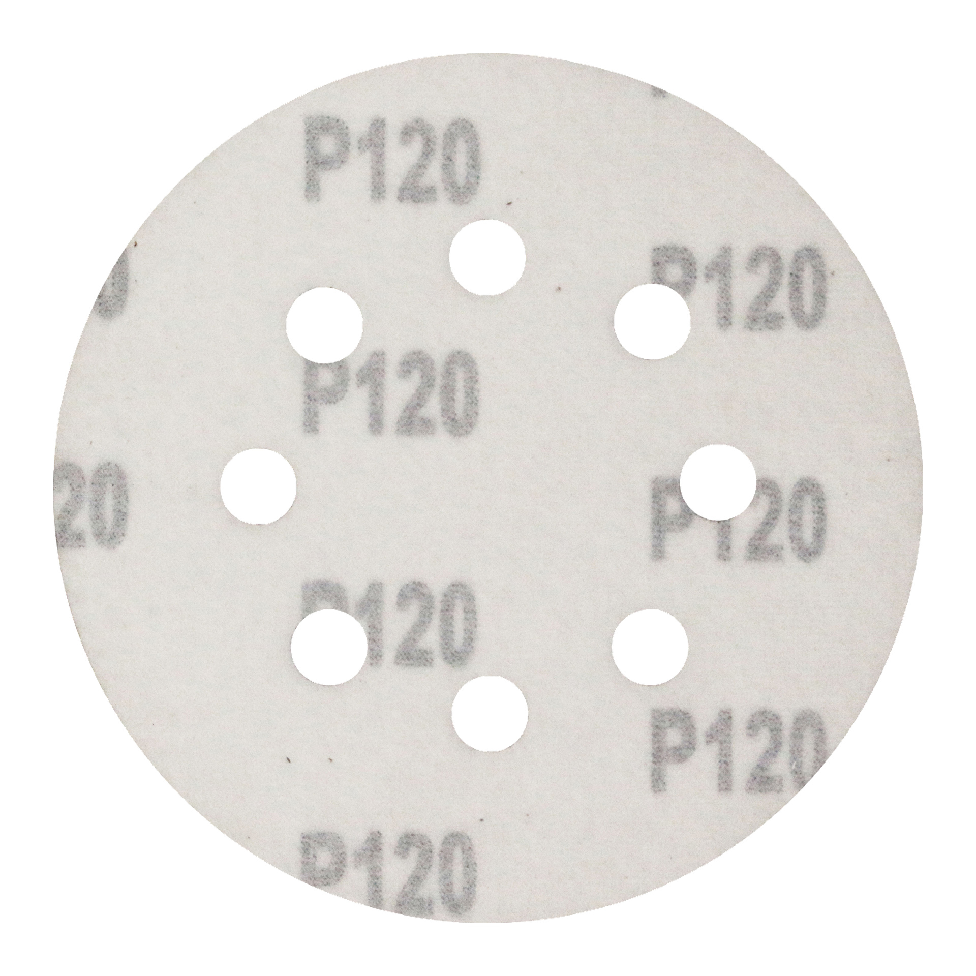 En cirkulär vit slipskiva från Meec Tools Sanding Discs 5 Pack, märkt P120 i grått och designad med sju jämnt fördelade hål arrangerade i en cirkel.