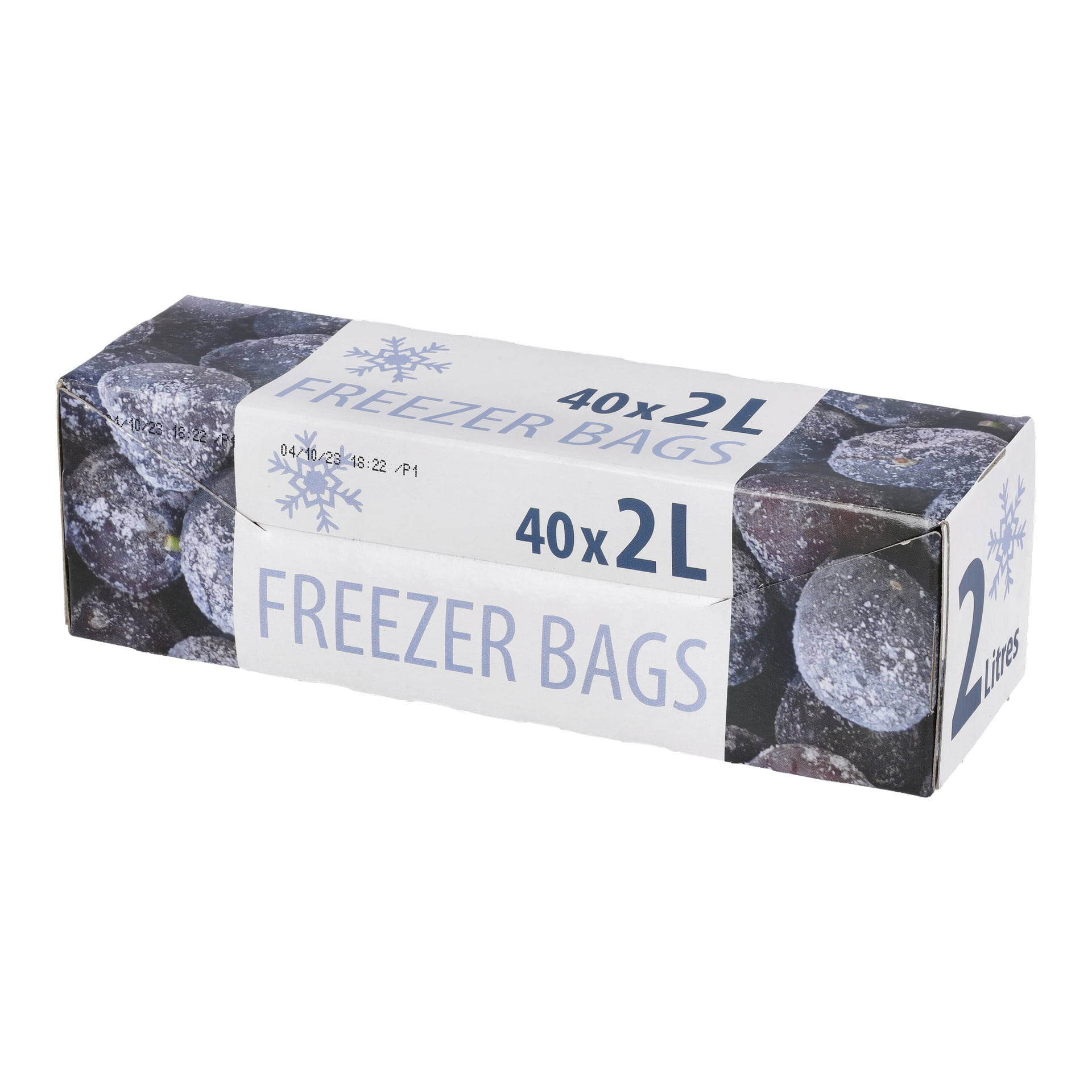 En rektangulär Menuett Freezer Bags låda med bilder på frysta plommon och blå snöflingemönster, där det står att den rymmer 40 påsar, var och en med en kapacitet på 2 liter.