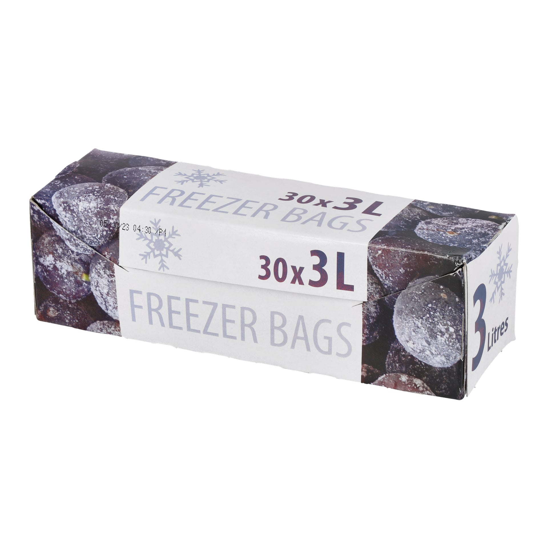 En rektangulär Menuett Freezer Bags låda visar blå och grå text tillsammans med bilder av frostade bär på förpackningen, vilket visar att den rymmer 30 fryspåsar med en kapacitet på 3 liter vardera.