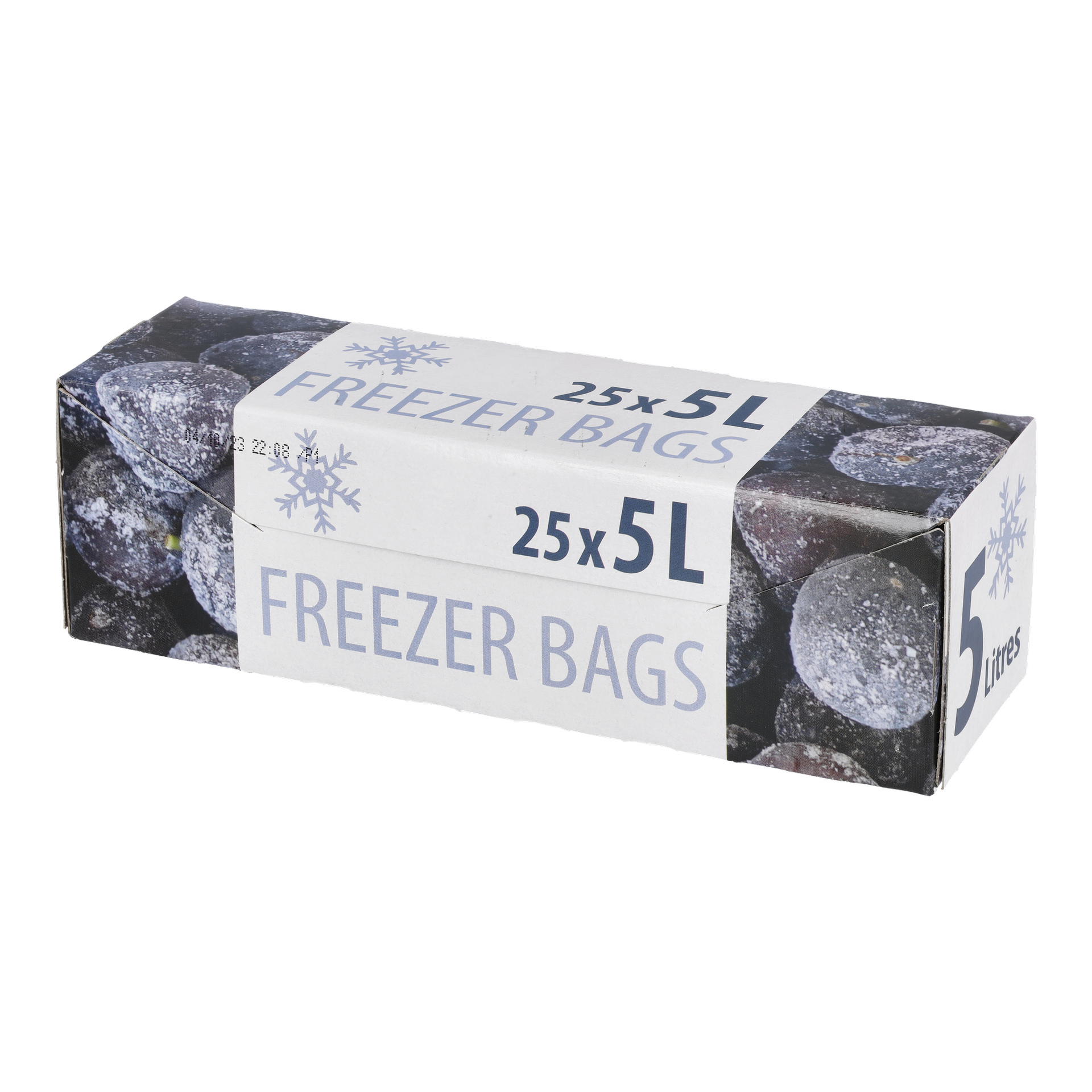 En rektangulär Menuett Freezer Bags låda märkt 25 x 5L, med bilder på frysta plommon och en snöflingesymbol på förpackningen.