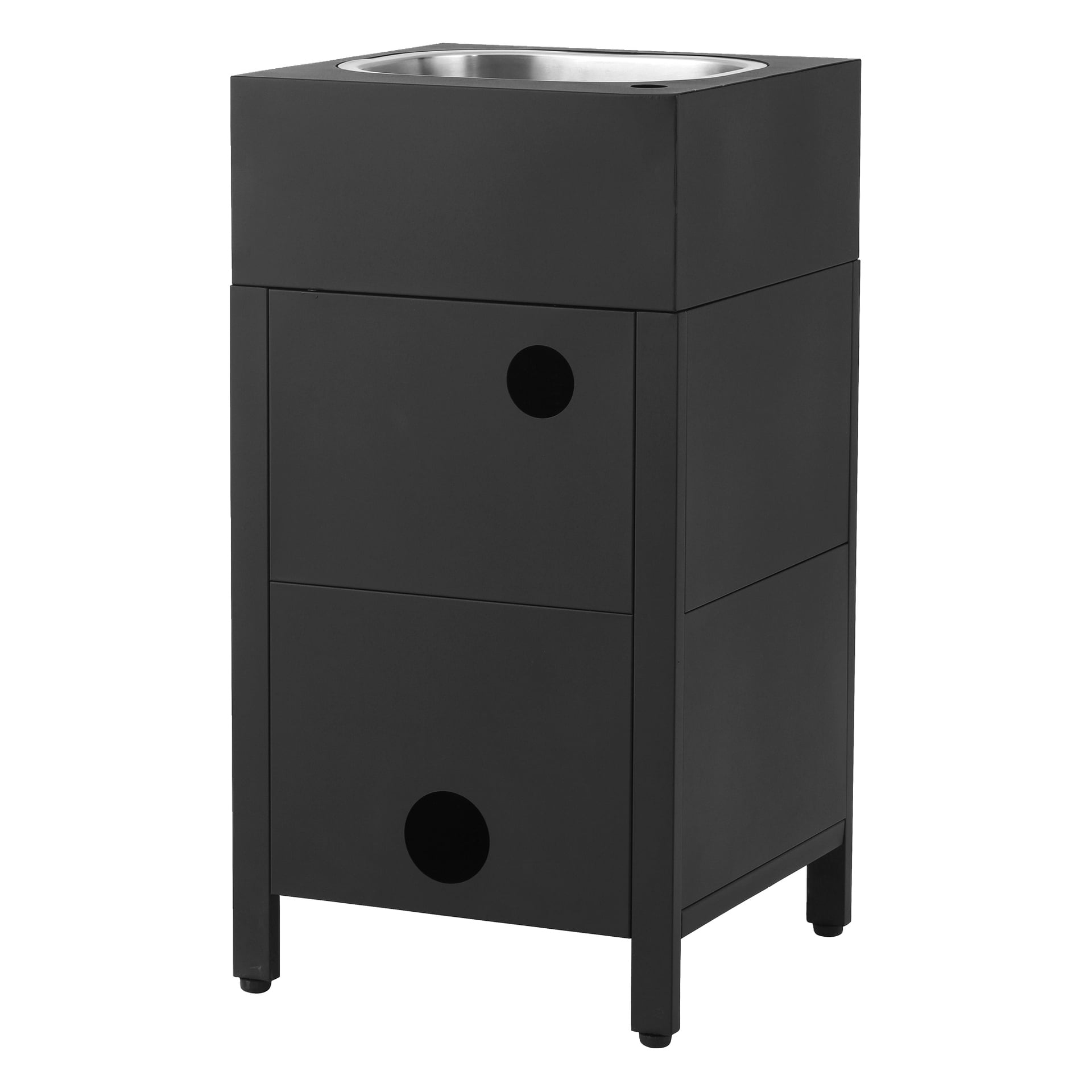 Die Burns & Barkles Arbeitsplatte mit Spüle Outdoor Kitchen 4343B präsentiert einen eleganten schwarzen rechteckigen Schrank, der von einem Edelstahlspülbecken bedeckt ist. Sie besteht aus zwei Frontpaneelen, die jeweils mit einem runden, ausgeschnittenen Griff ausgestattet sind und von vier stabilen Beinen getragen werden.