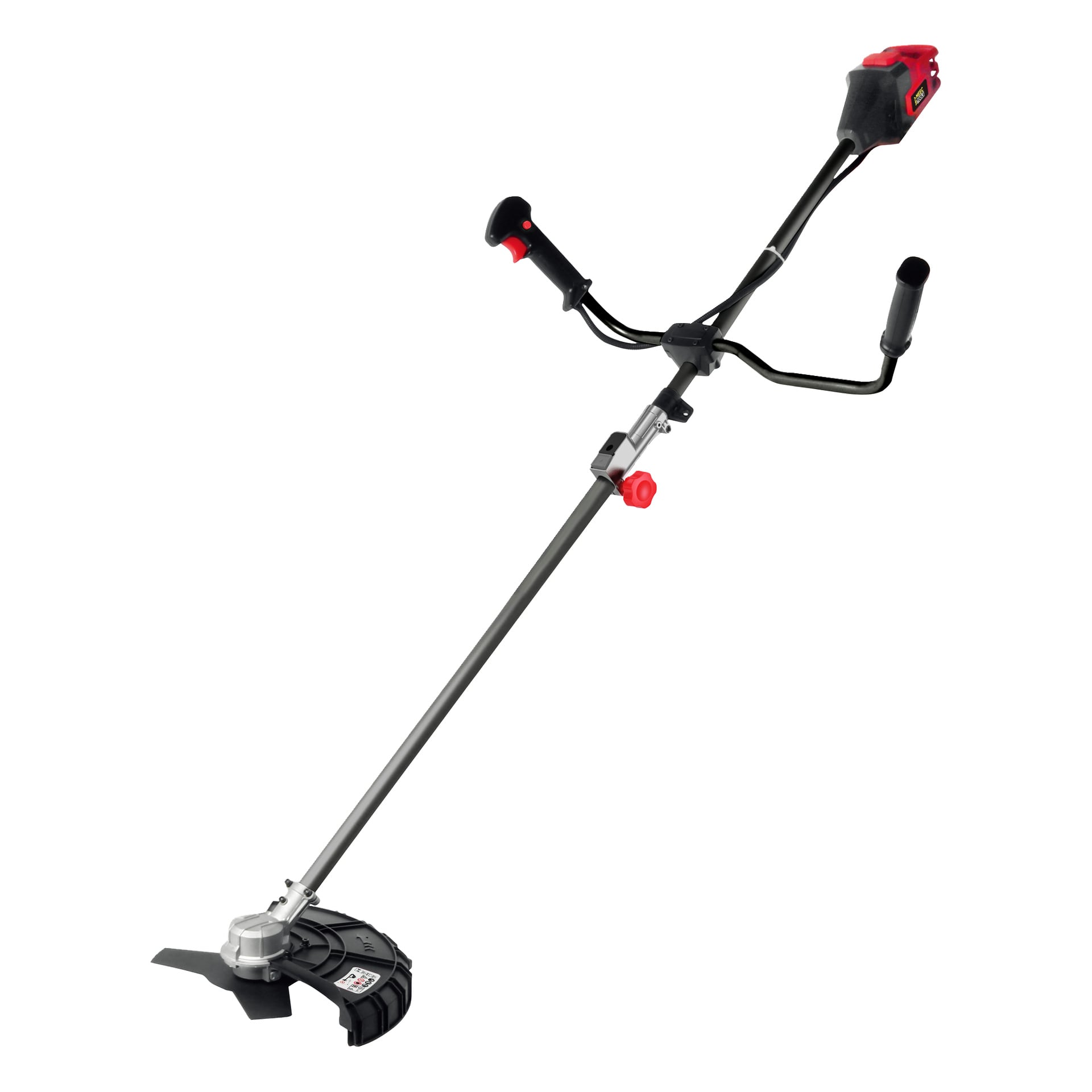 Meec Tools Multiseries GT-18V HOME 550 borstskärare drivs av batteri och inkluderar ett metallskärblad, ergonomiska cykelliknande handtag, ett motorhus i rött och svart samt ett skyddande skydd över bladet.
