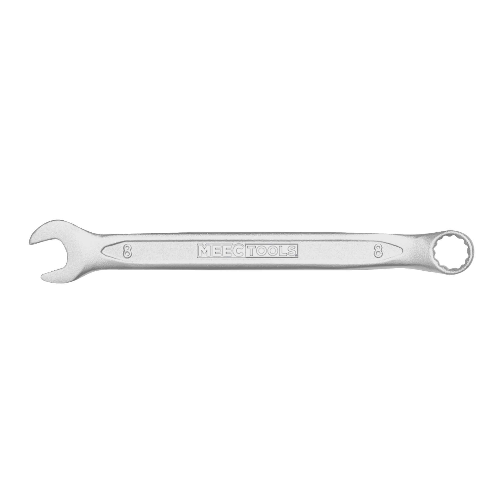 En Meec Tools kombinationsskiftnyckel med öppen ände på ena sidan och stängd ringände på den andra, var och en märkt med siffran 8. Varumärket Meec Tools är präglat längs handtaget.