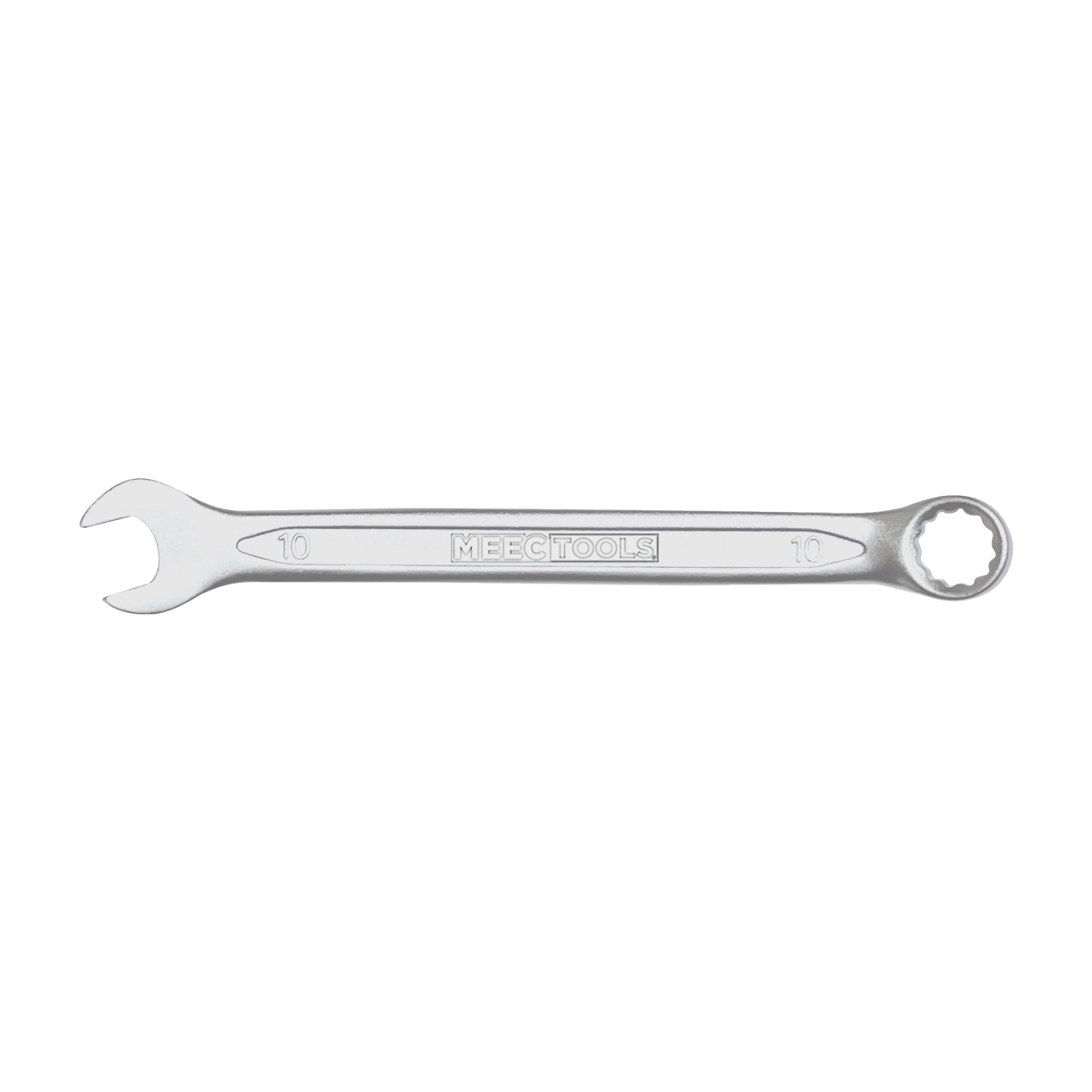 En Meec Tools kombinationsskiftnyckel med öppen ände på vänster sida och ringända på höger, båda ändarna märkta 10 för 10 mm.