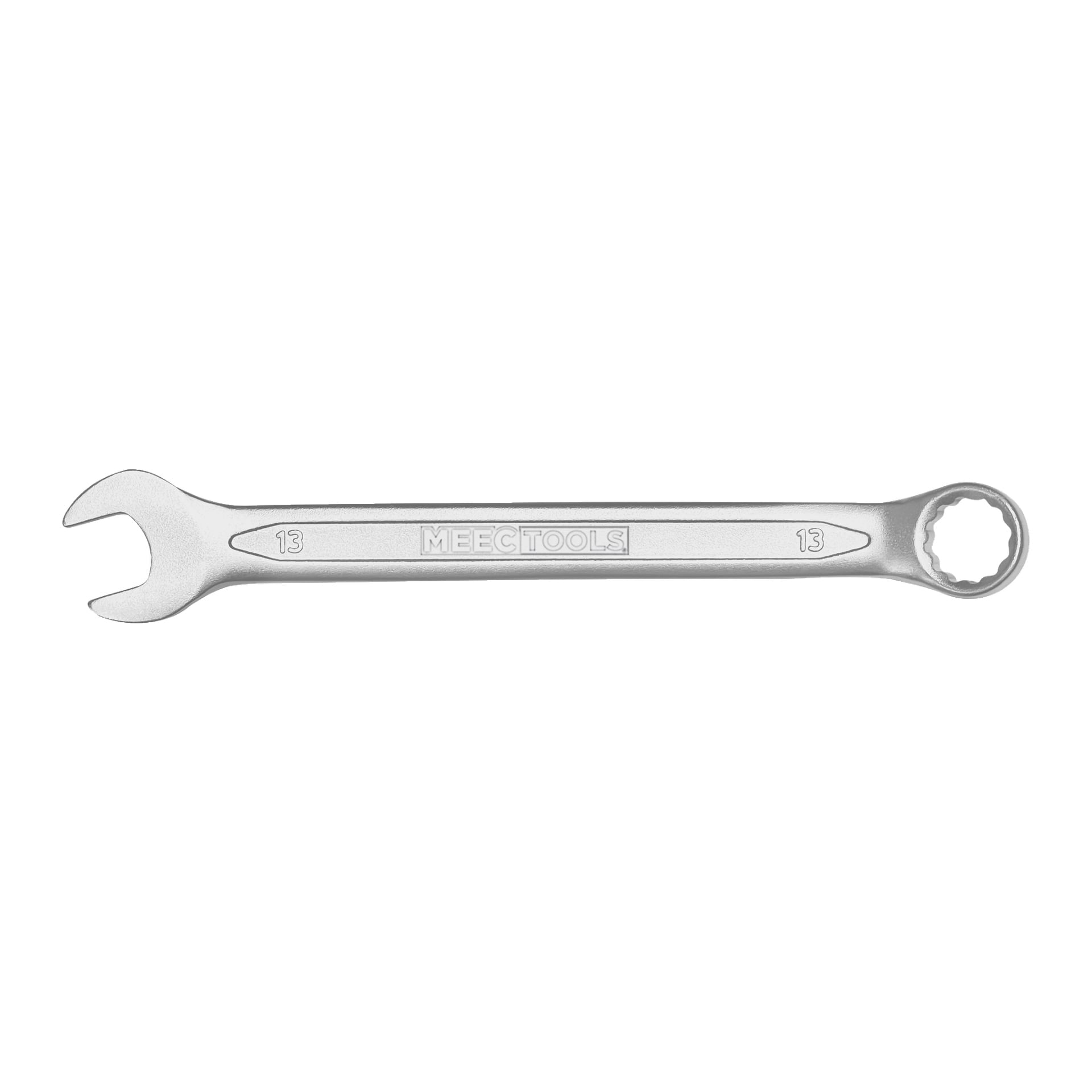 En silverfärgad kombinationsskiftnyckel med ena änden öppen och den andra en stängd ring, båda märkta med siffran 13. Varumärket "Meec Tools" är graverat i mitten av verktyget.