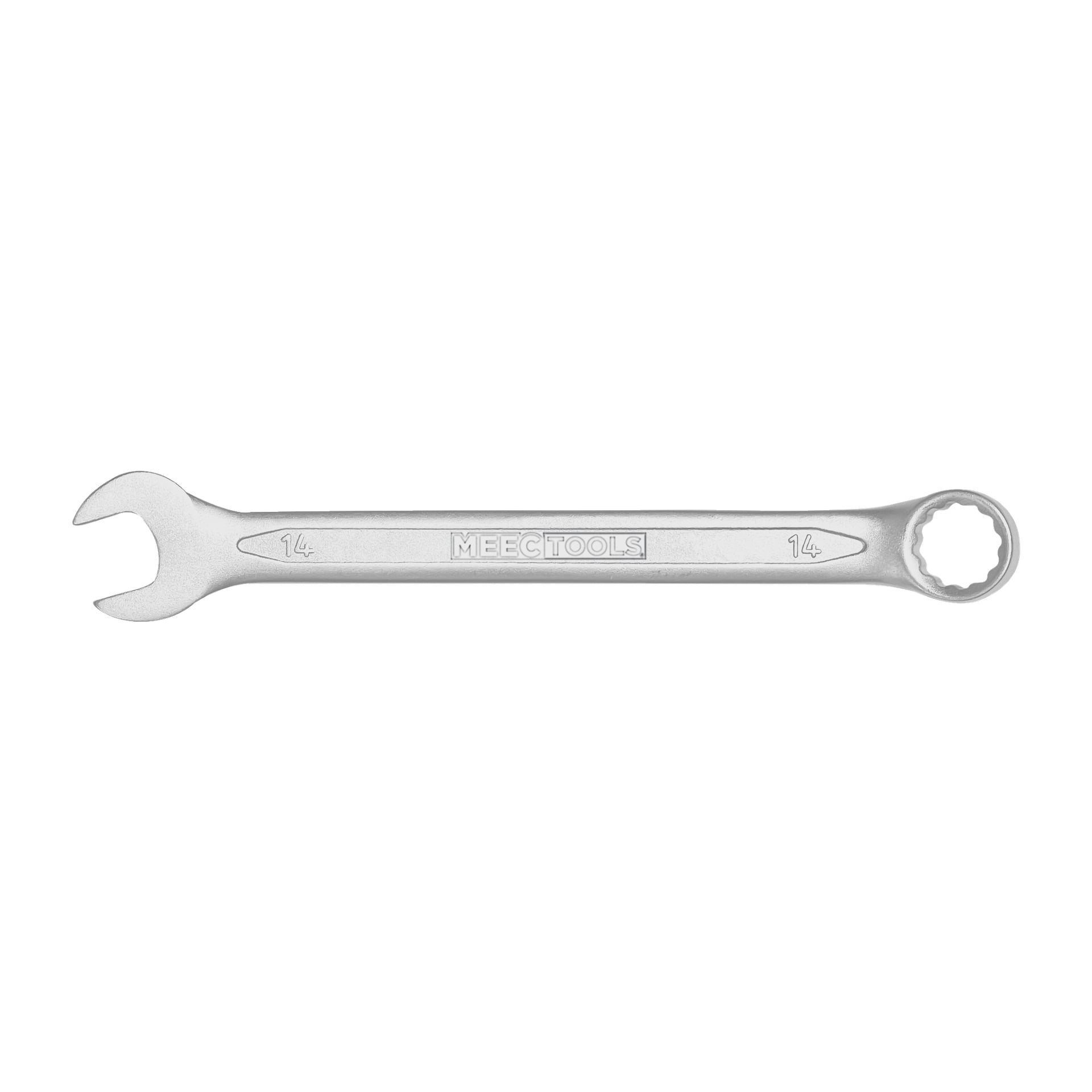 En silverfärgad Meec Tools kombinationsskiftnyckel med öppen ände till vänster och en ringformad sluten ände till höger; handtaget visar "14" på båda sidor och "Meec Tools" i mitten.