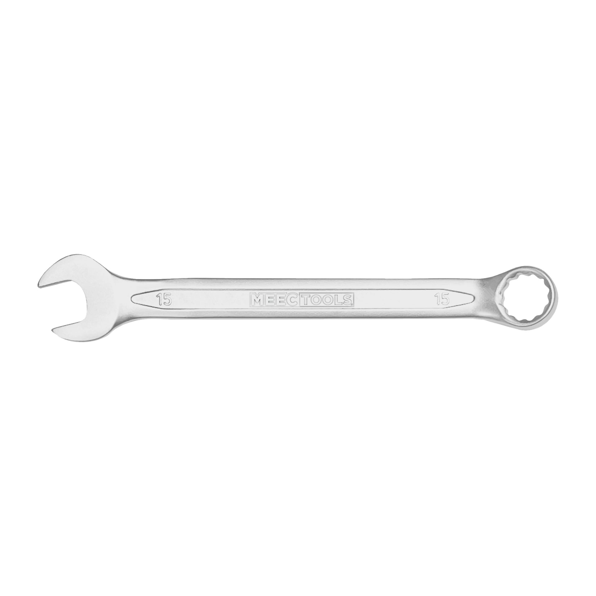 En silverfärgad Meec Tools kombinationsnyckel har en öppen ände till vänster och en ringformad sluten ände till höger. Handtaget visar det graverade numret 15 tillsammans med varumärket "Meec Tools".