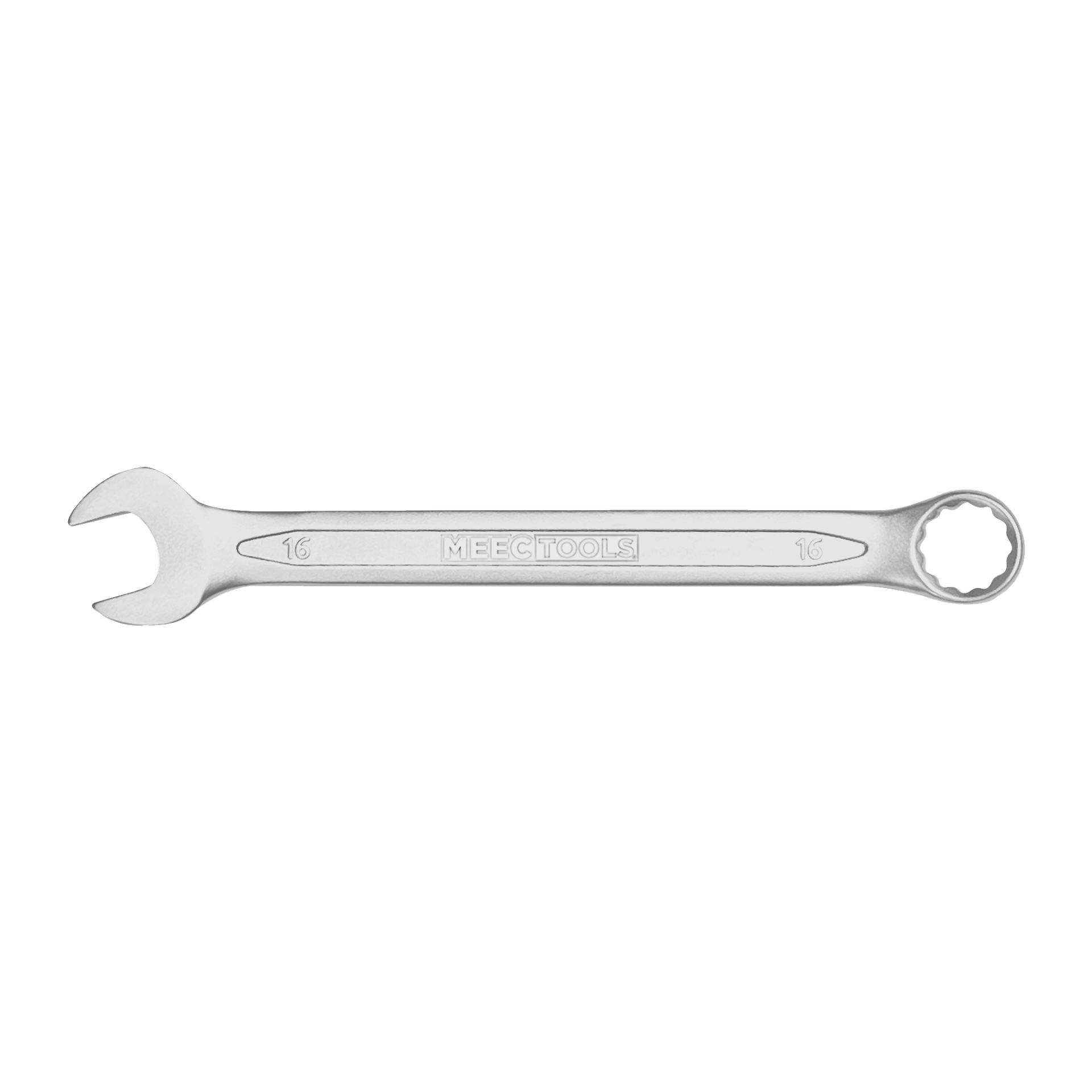 En silverfärgad Meec Tools-kombinationsskiftnyckel märkt med "16", med en öppen ände till vänster och en sluten, ringformad ände till höger, med "Meec Tools" graverad i mitten.