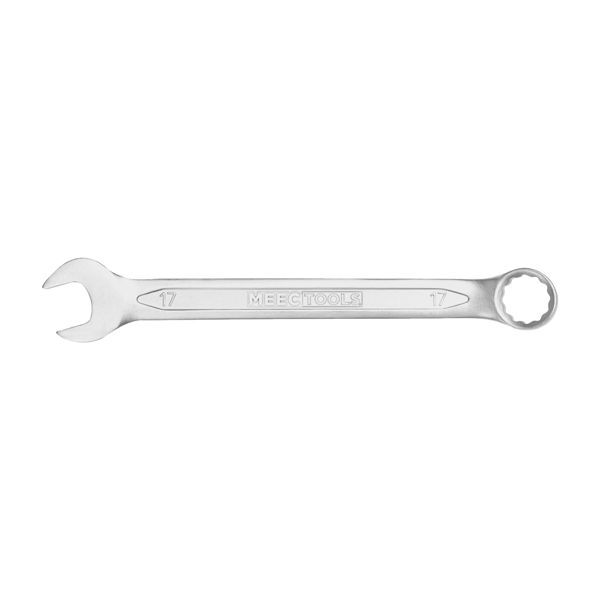 En silverfärgad Meec Tools kombinationsskiftnyckel med öppen ände på ena sidan och låda på den andra, med siffran 17 på båda sidor och "Meec Tools" tryckt över mitten av handtaget.