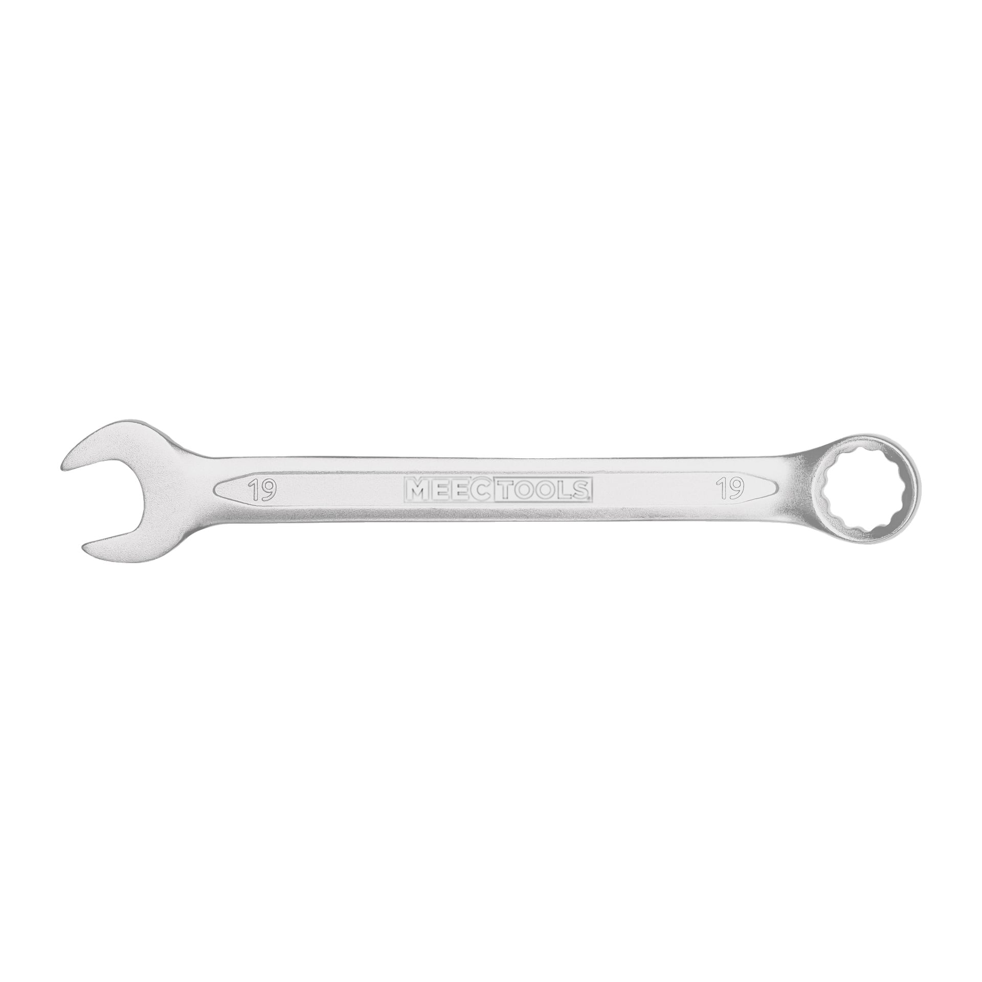 En Meec Tools kombinationsskiftnyckel med öppen ände till vänster och en stängd ring till höger, som visar nummer 19 på båda sidor och "Meec Tools" stämplat i mitten.