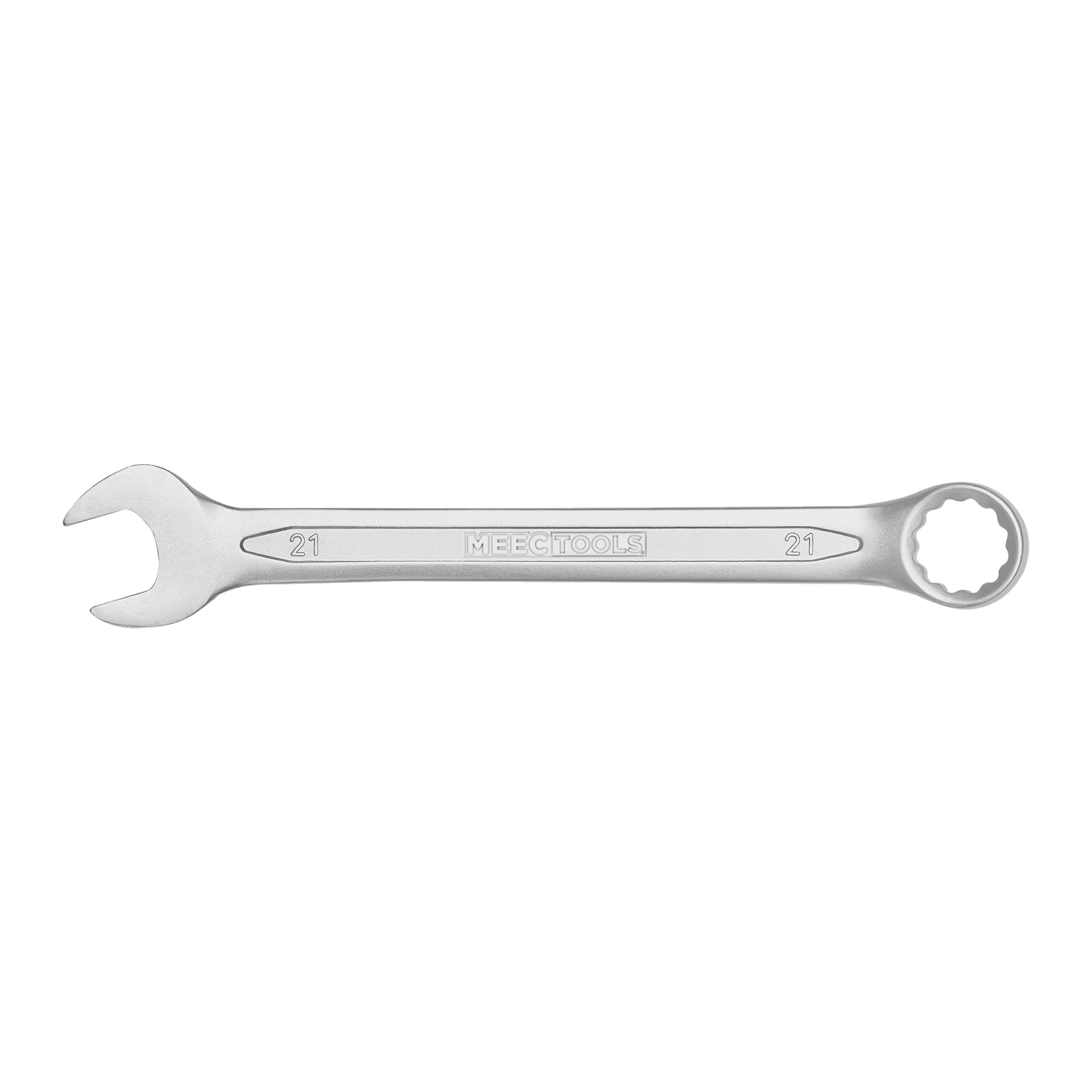 En silverfärgad Meec Tools kombinationsskiftnyckel med en öppen sida till vänster och en ringformad sluten ände till höger. Siffran 21 är synlig på båda sidor, och "Meec Tools" är graverad i mitten.
