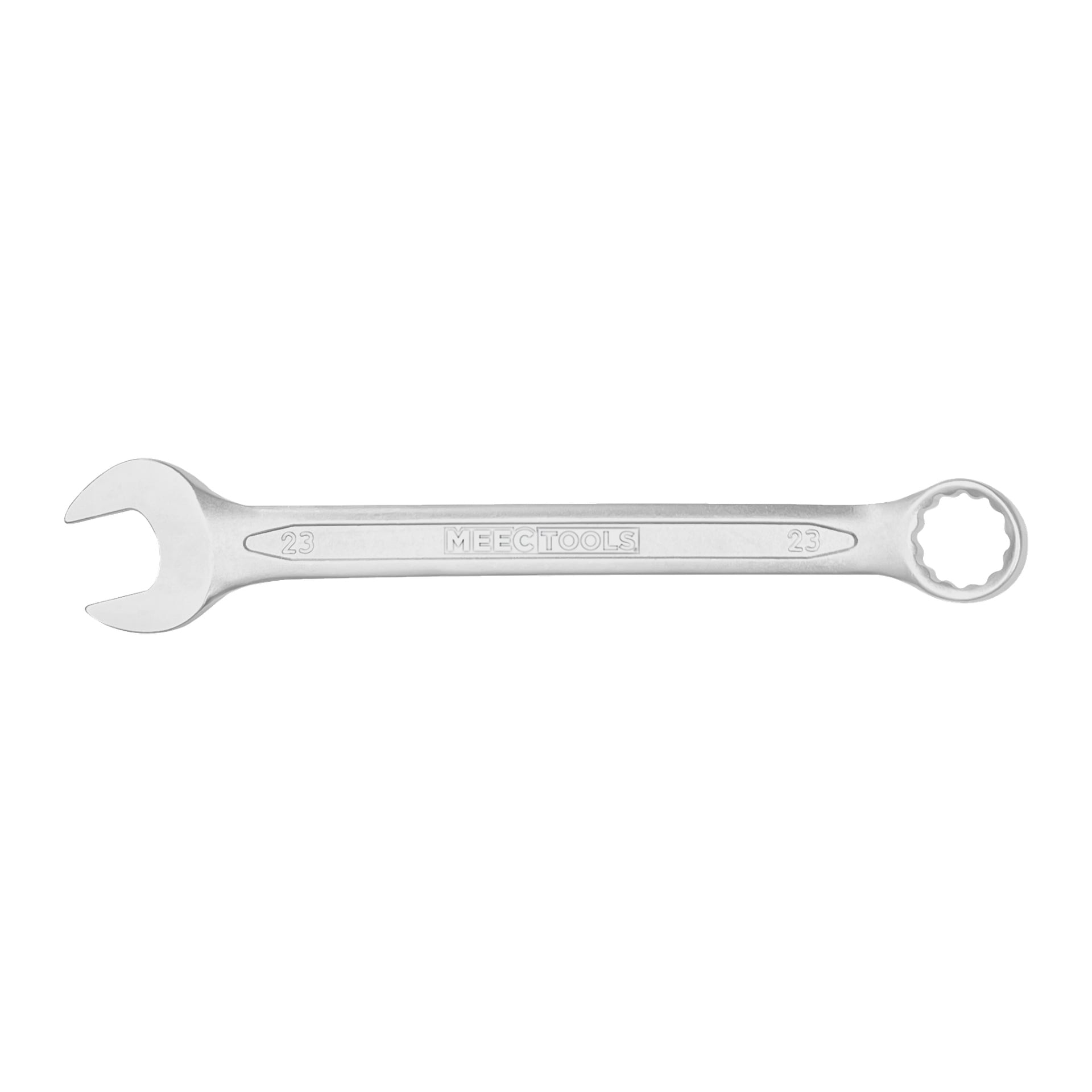 En silverfärgad Meec Tools kombinationsskiftnyckel med både öppen och stängd ringände, där varje sida var märkt med nummer 23.