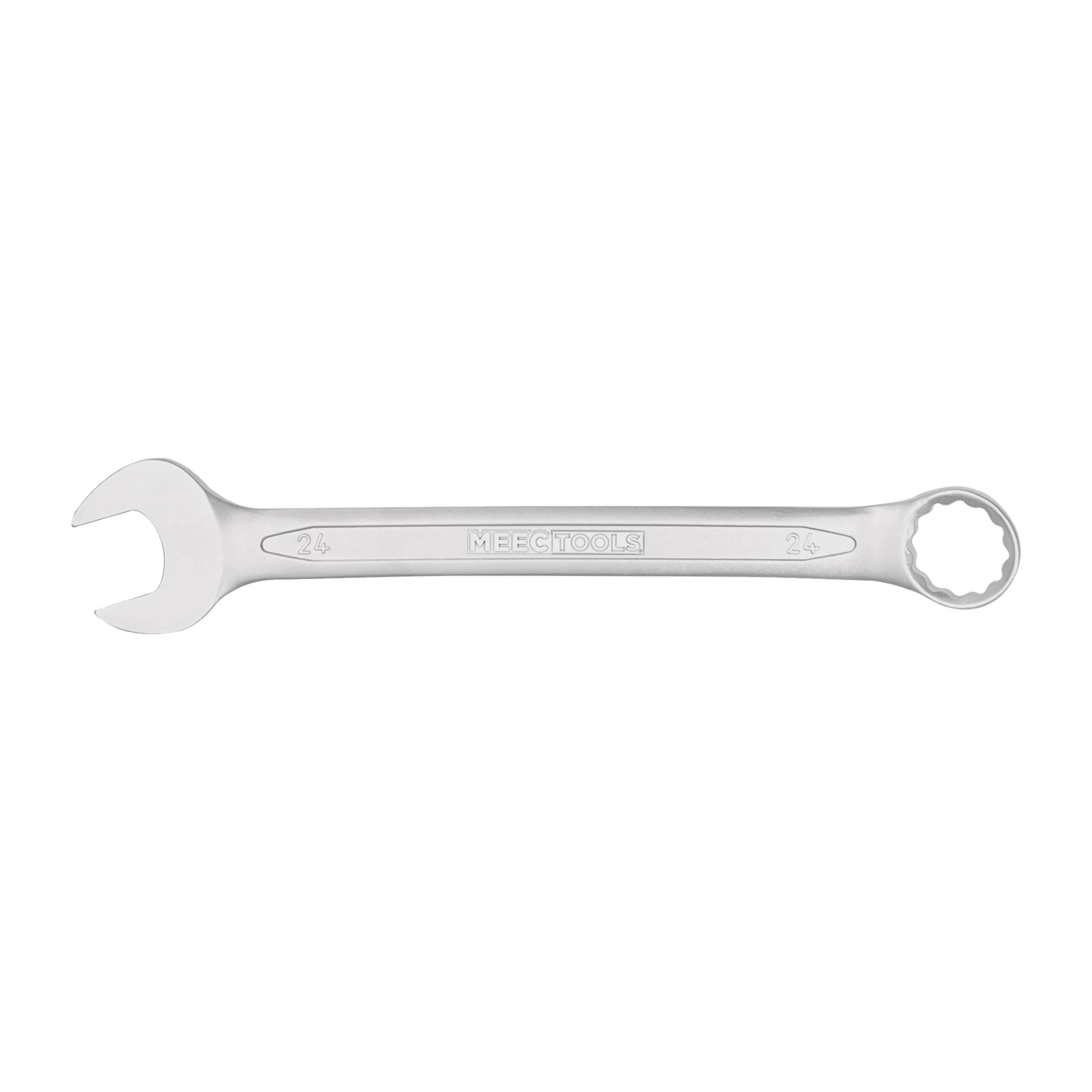 En silverfärgad Meec Tools kombinationsskiftnyckel har en öppen ände till vänster och en sluten, ringformad ände till höger. Handtaget visar "Meec Tools" och numret "24" på båda sidor.