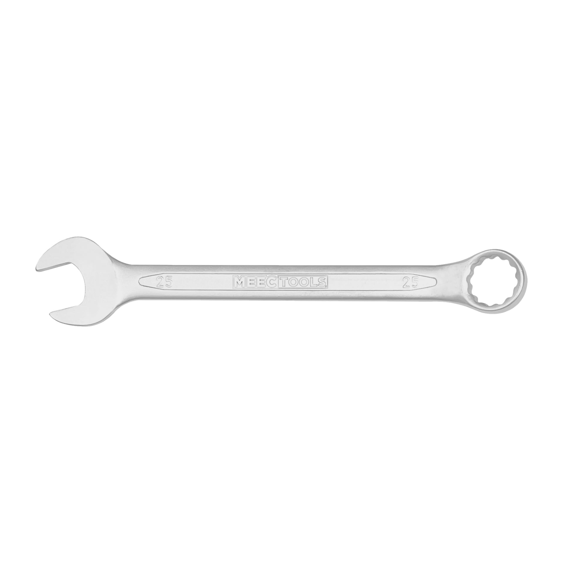 En silverfärgad Meec Tools kombinationsskiftnyckel med öppen ände på vänster sida och ringformad sluten ände på höger. Handtaget visar märkningen "25 MEEC TOOLS 25.".