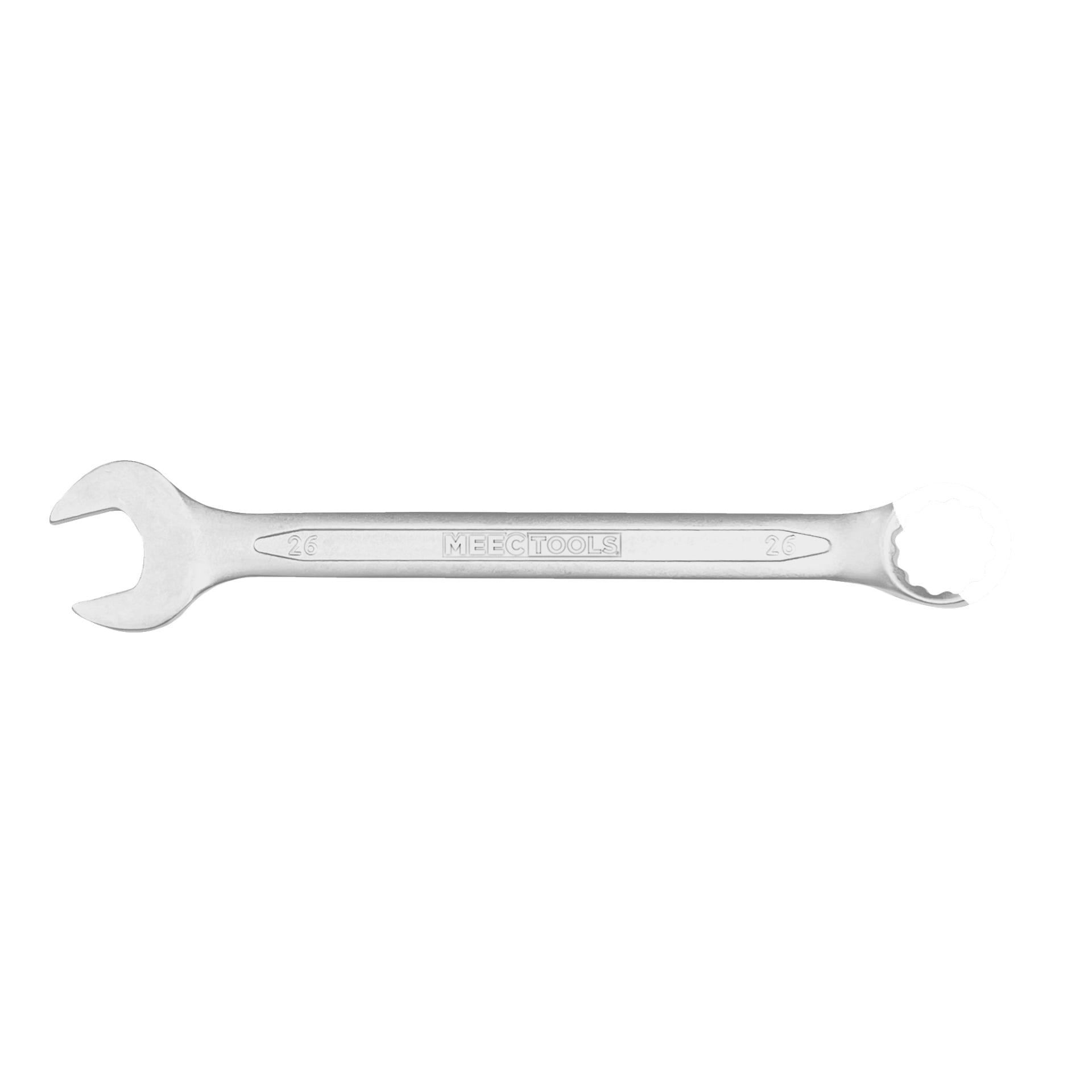 En silverfärgad kombinationsskiftnyckel från Meec Tools med öppen ände till vänster och en stängd tolvpunktsring till höger, som visar "Meec Tools" och siffran 26 präglat på handtaget.