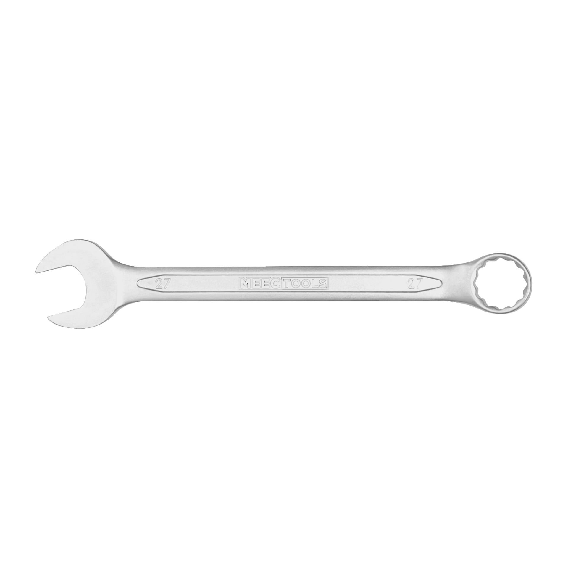 En silverfärgad Meec Tools kombinationsskiftnyckel med öppen ände till vänster och en sluten, ringformad ände till höger. "27" och "Meec Tools" är graverade på dess handtag.