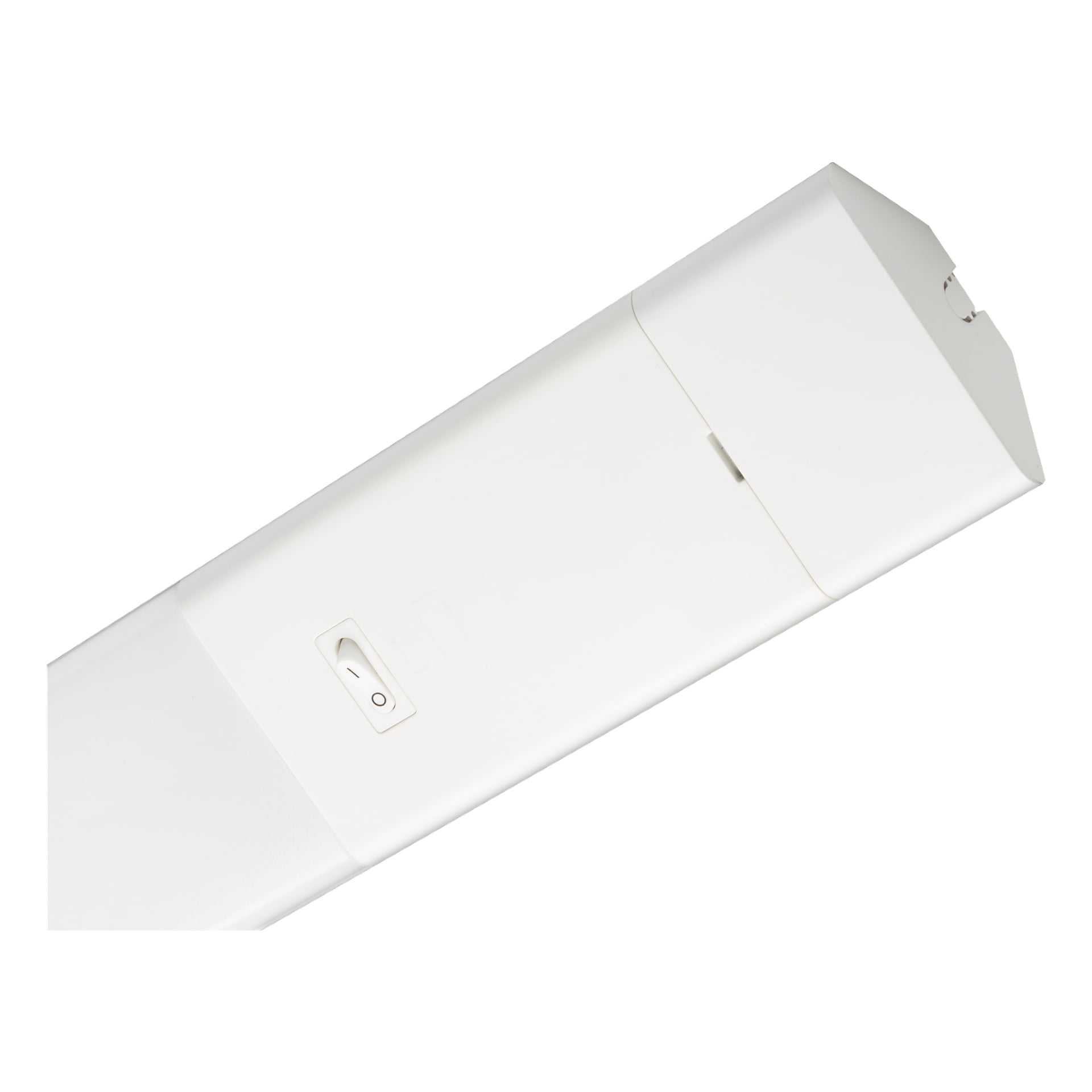Närbild av den vita Anslut Worktop LED-lampan, som fokuserar på ena änden. Lampan har en slank rektangulär form med en slät yta och ett ändlock med en infälld av-och-på-knapp.