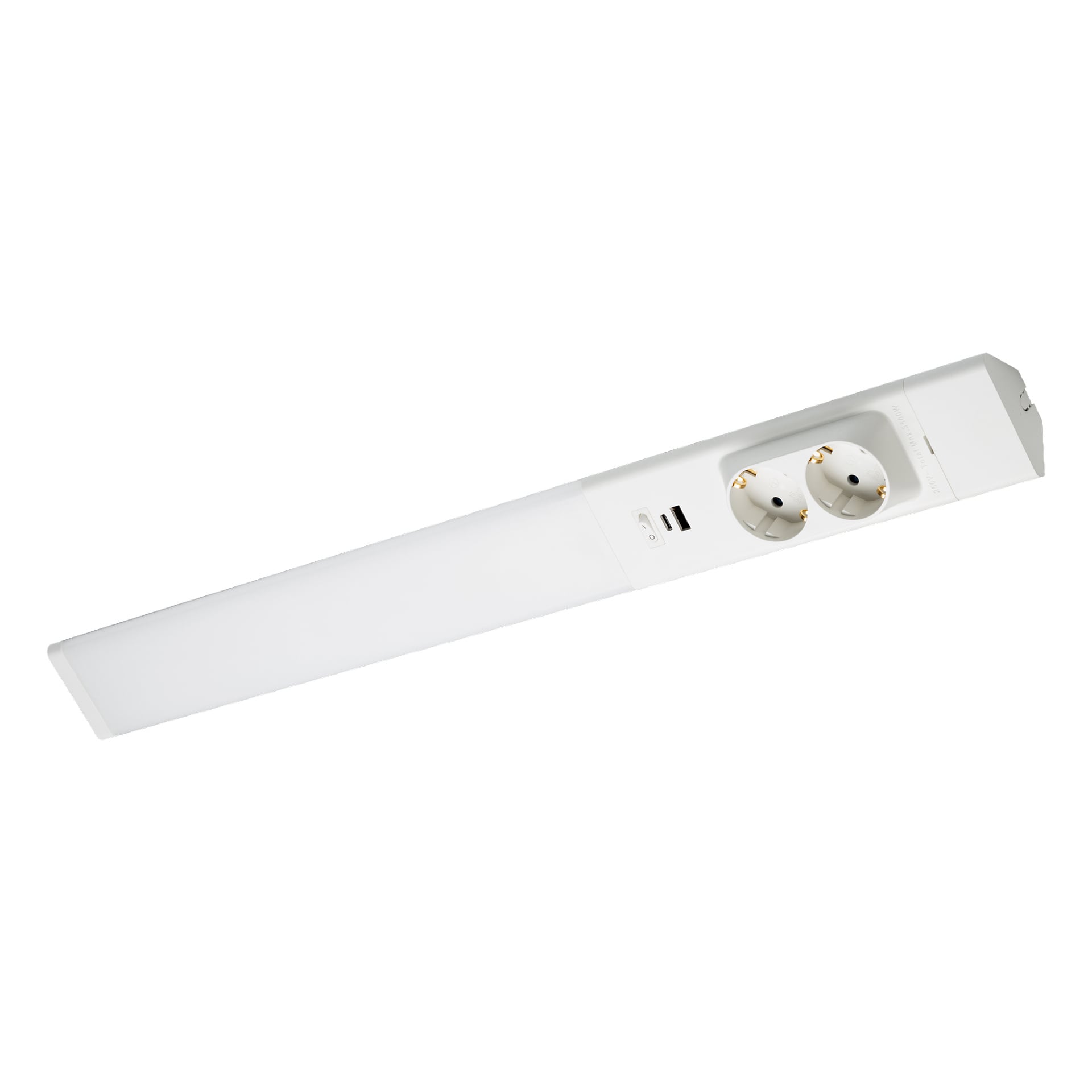En vit Anslut Worktop LED-grenuttag med två europeiska uttag, två USB-portar och en förlängd inbyggd LED-lampa.