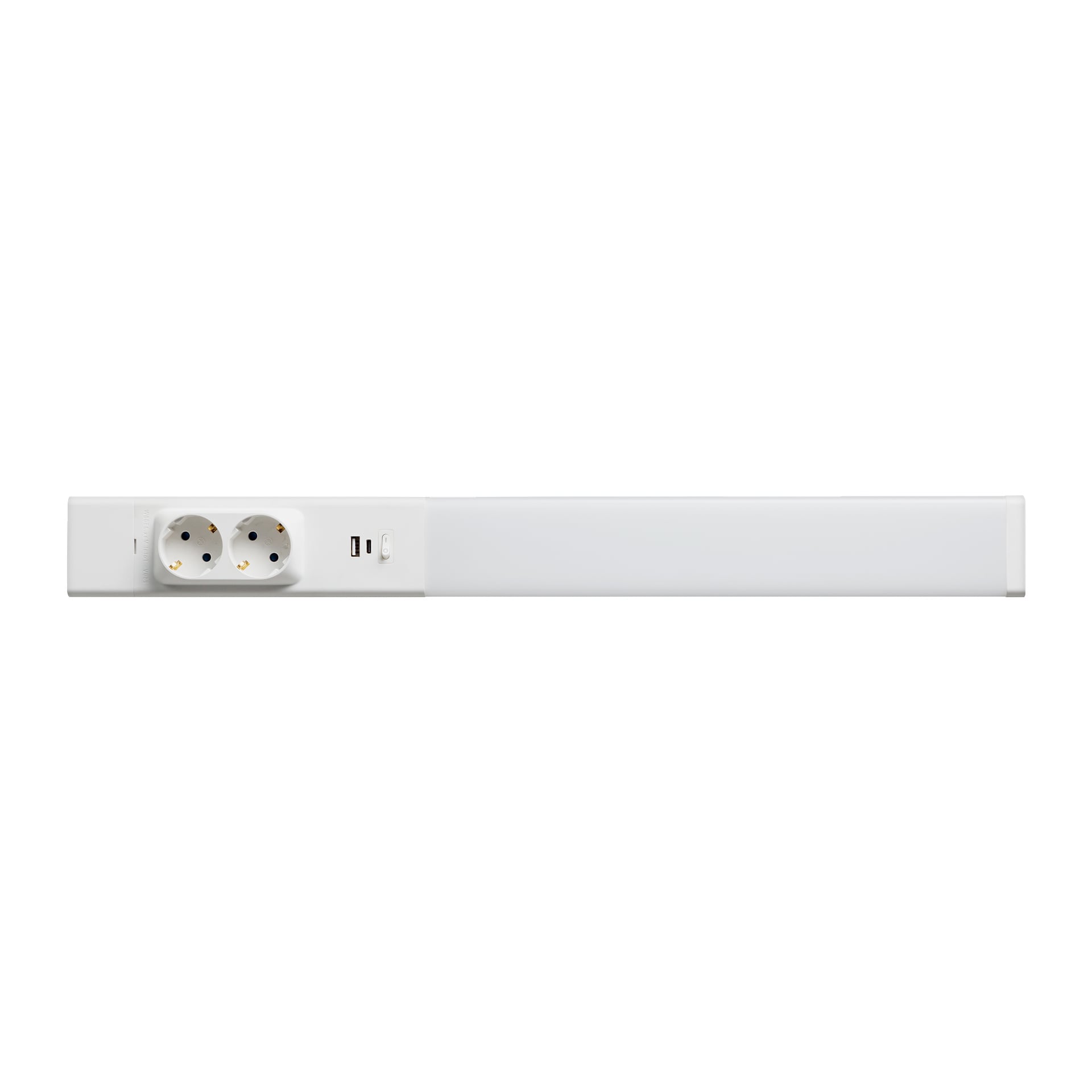 En vit Anslut Worktop LED-lampa med två europeiska eluttag, en USB-port och en rektangulär ljuspanel.