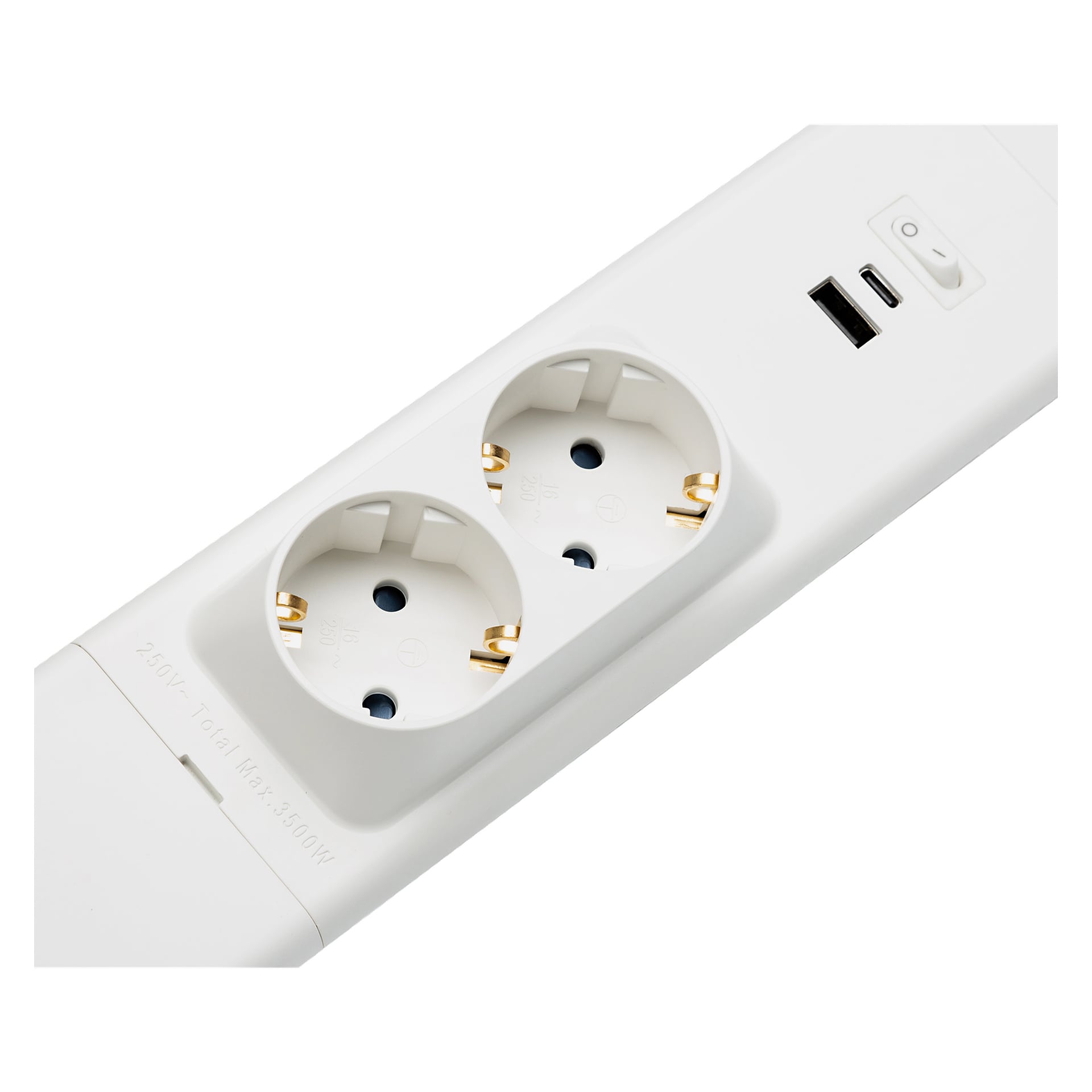 En Anslut Worktop LED-grenuttag med två cirkulära europeiska uttag, ett par USB-portar och en strömbrytare. Vissa produktspecifikationer är synliga nära ena kanten.