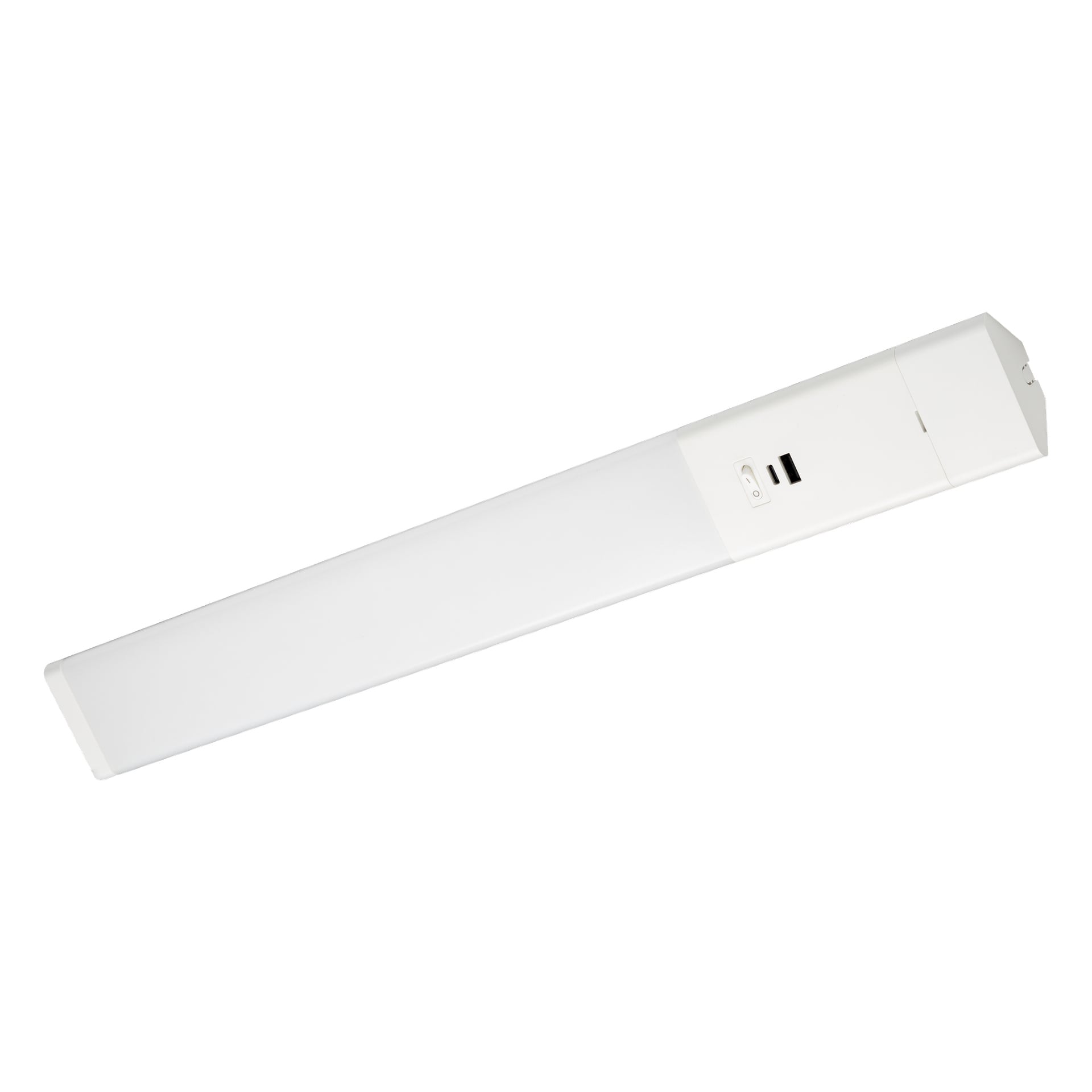 Anslut Worktop Light LED, en rektangulär vit armatur med en strömbrytare och två USB-portar i ena änden.