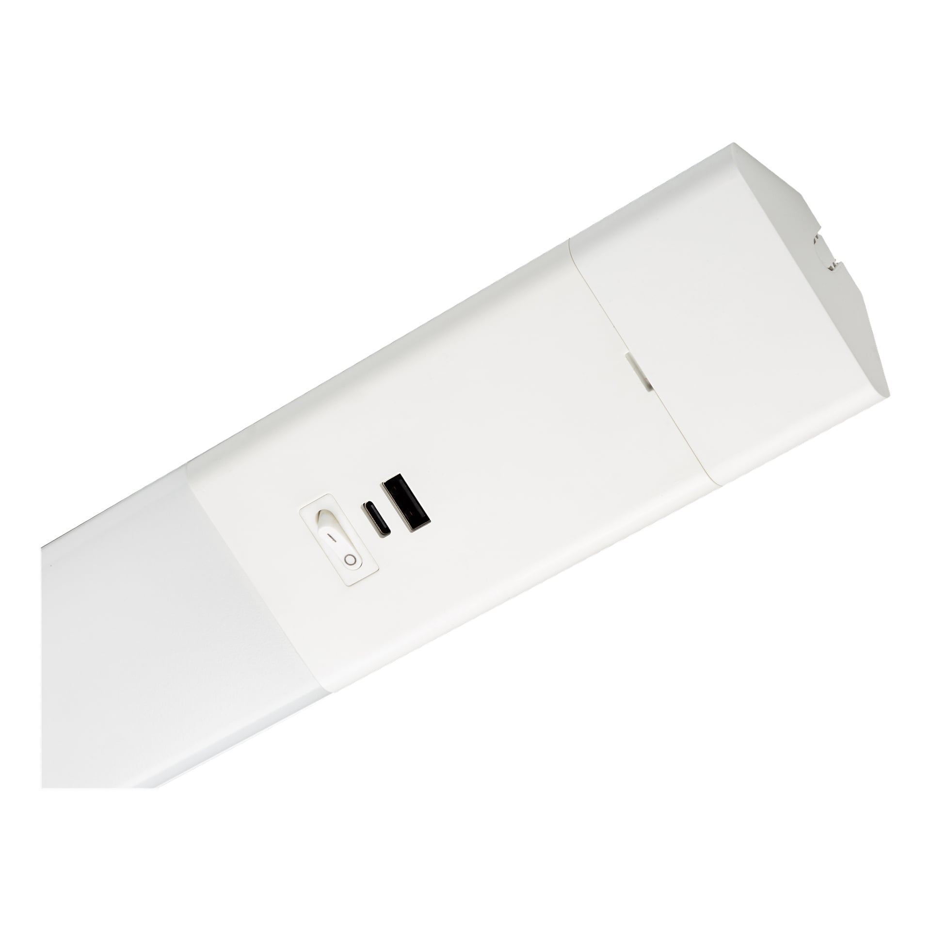 En närbild av Anslut Worktops lampa-LED, med ett vitt rektangulärt hölje utrustat med strömbrytare, USB-port och en extra rektangulär port.
