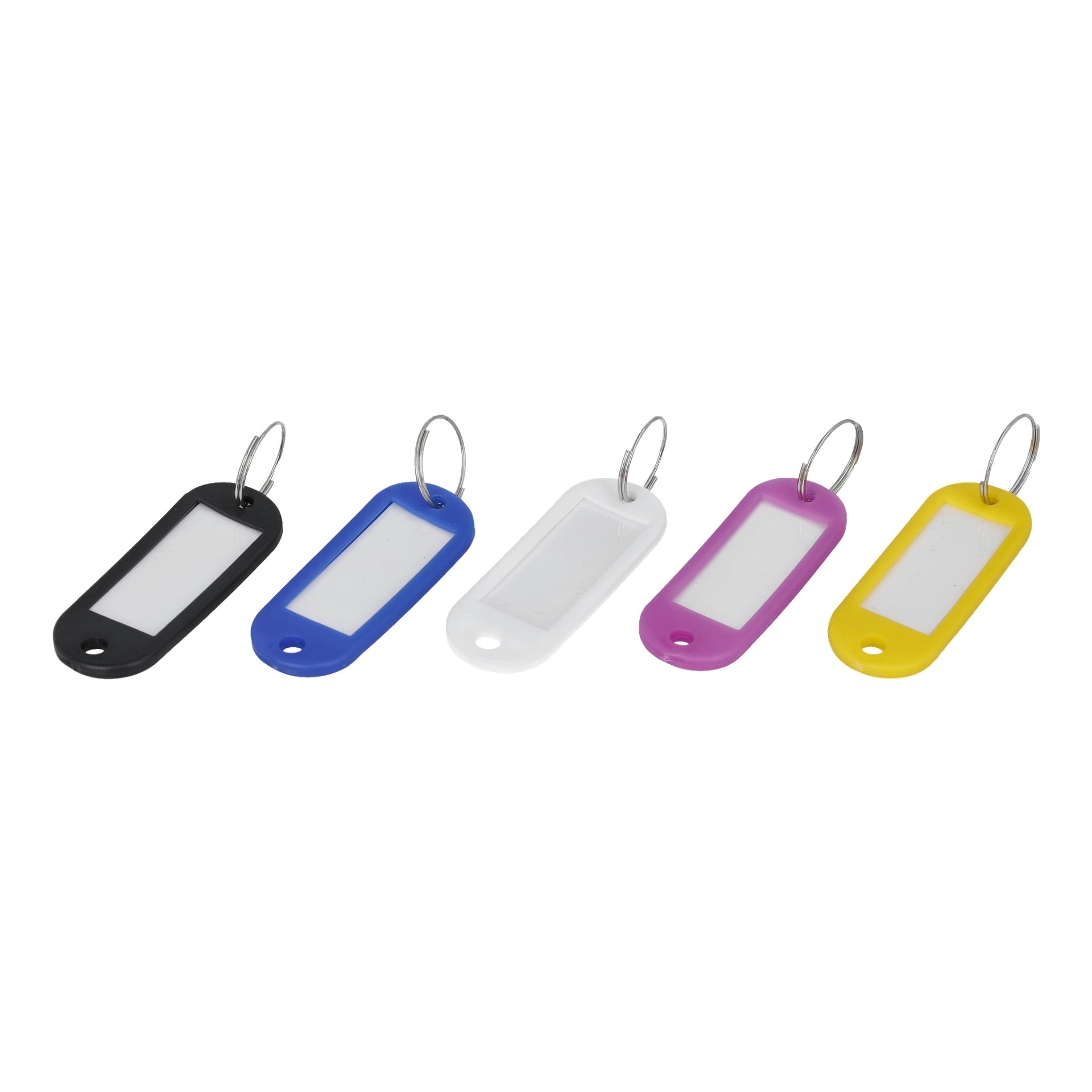 En rad med fem Hard Head Key Markers från 5-pack-setet, var och en med en rektangulär plasttagg i svart, blått, vitt, lila och gult. Etiketterna har små metallringar med delade metaller och ett tomt vitt område i mitten för etiketter.