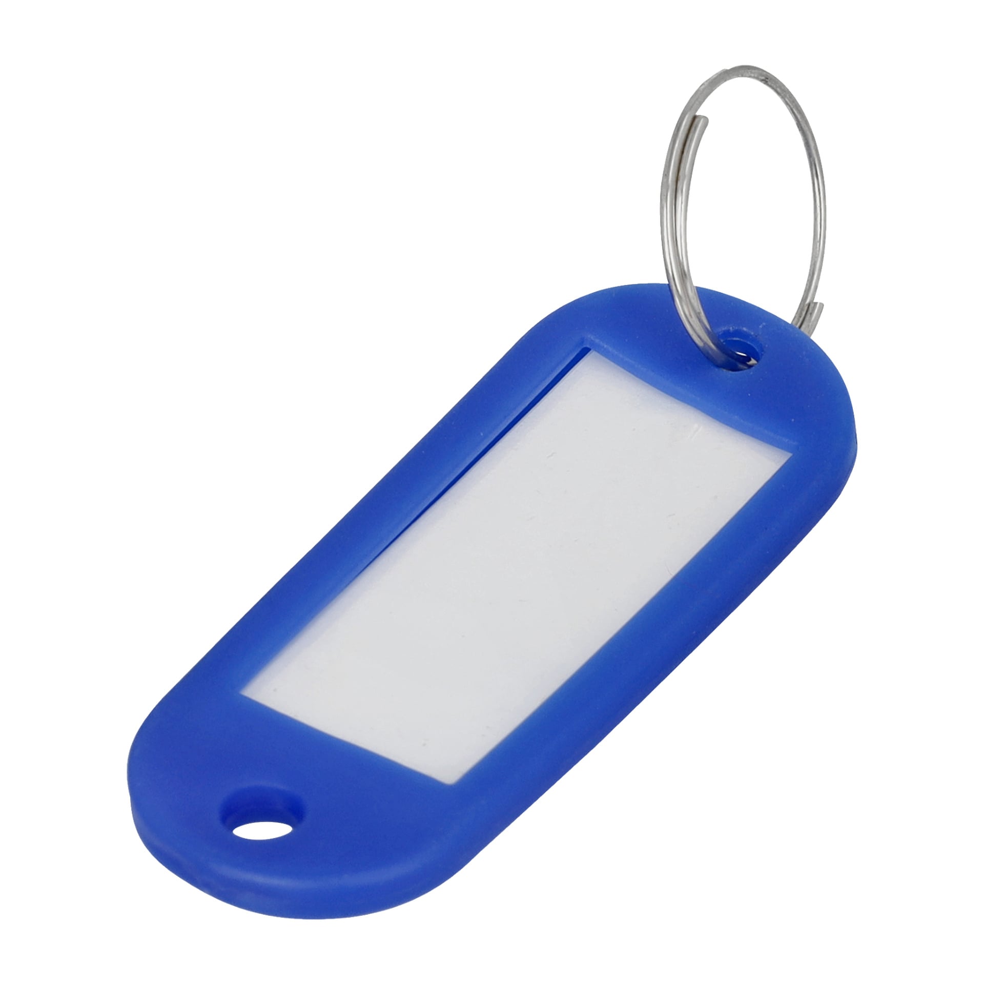 Ett paket med fem Hard Head Key-pennor, var och en med en blå plasttagg, en tom vit etikett och en metallnyckelring trådd genom ena änden.