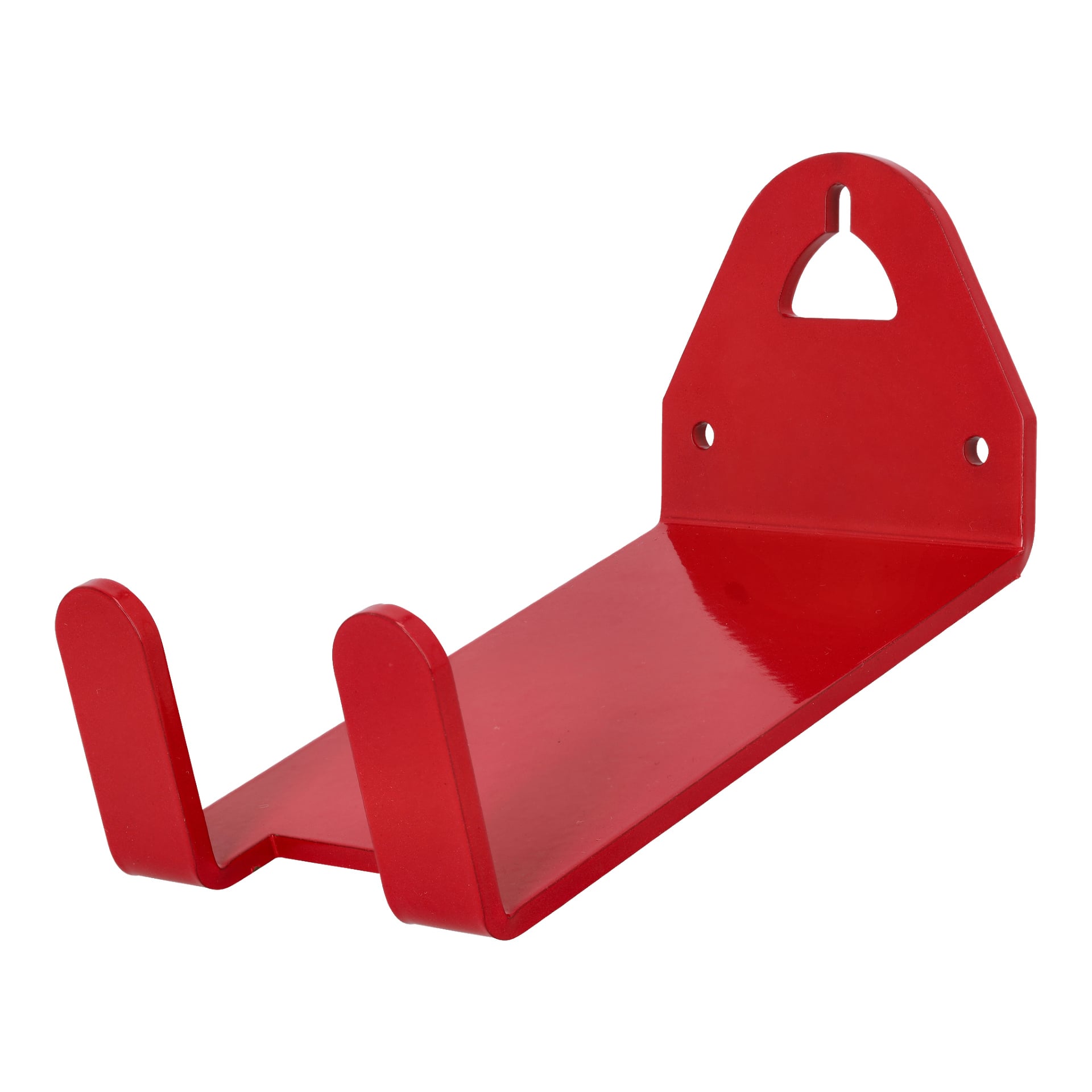 En röd metall Kayoba Bike Hook med två uppåtvända krokar och en platt bas, gjord för att hänga eller förvara föremål. Den har tre hål för att monteras säkert på väggen.