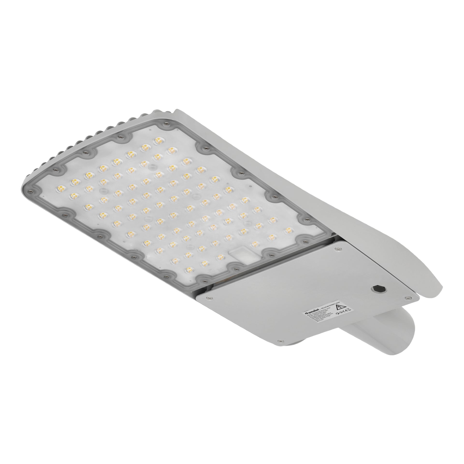 En rektangulär grå LED-gatlykta från Anslut, som visar flera små LED-lampor arrangerade i rader inuti ett stadigt metallhölje med ett fäste och en specifikationsetikett på sidan.