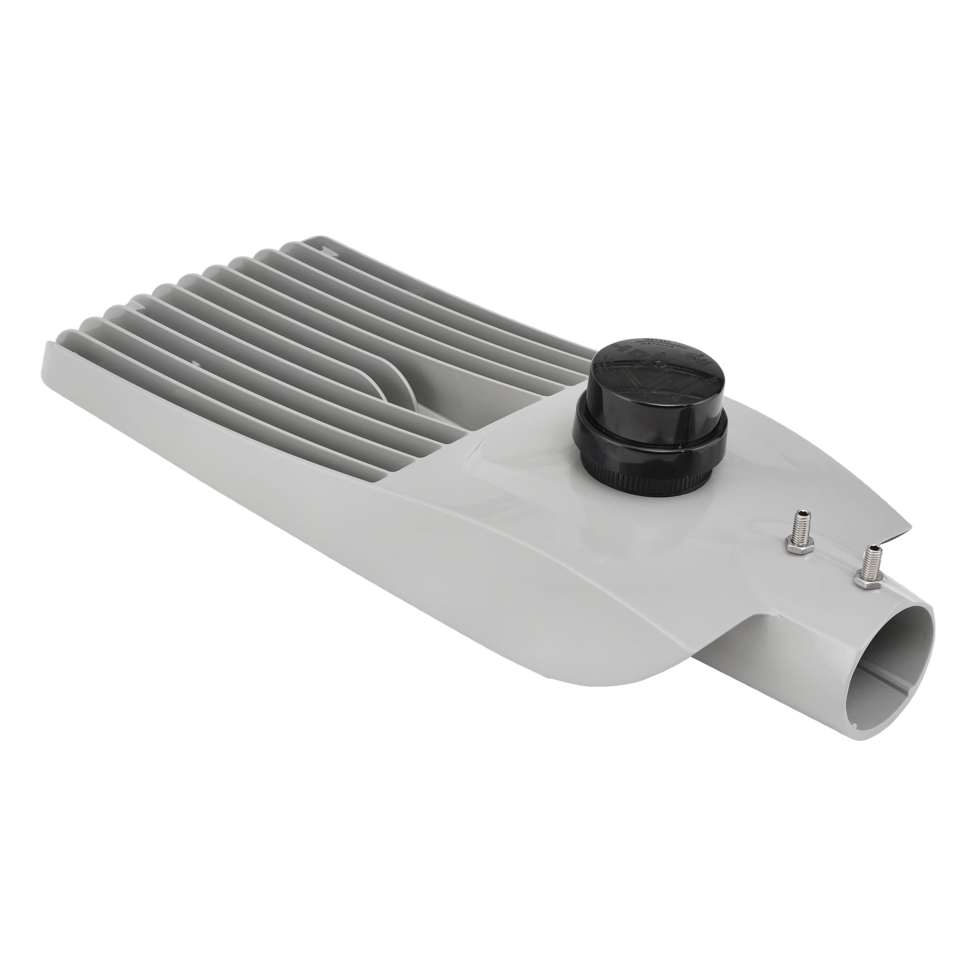 Grå Anslut gatlykta LED med räfflad topp för värmespridning, utrustad med en svart cirkulär sensor eller lock och två metallkontakter bredvid ett öppet cylindriskt fäste.