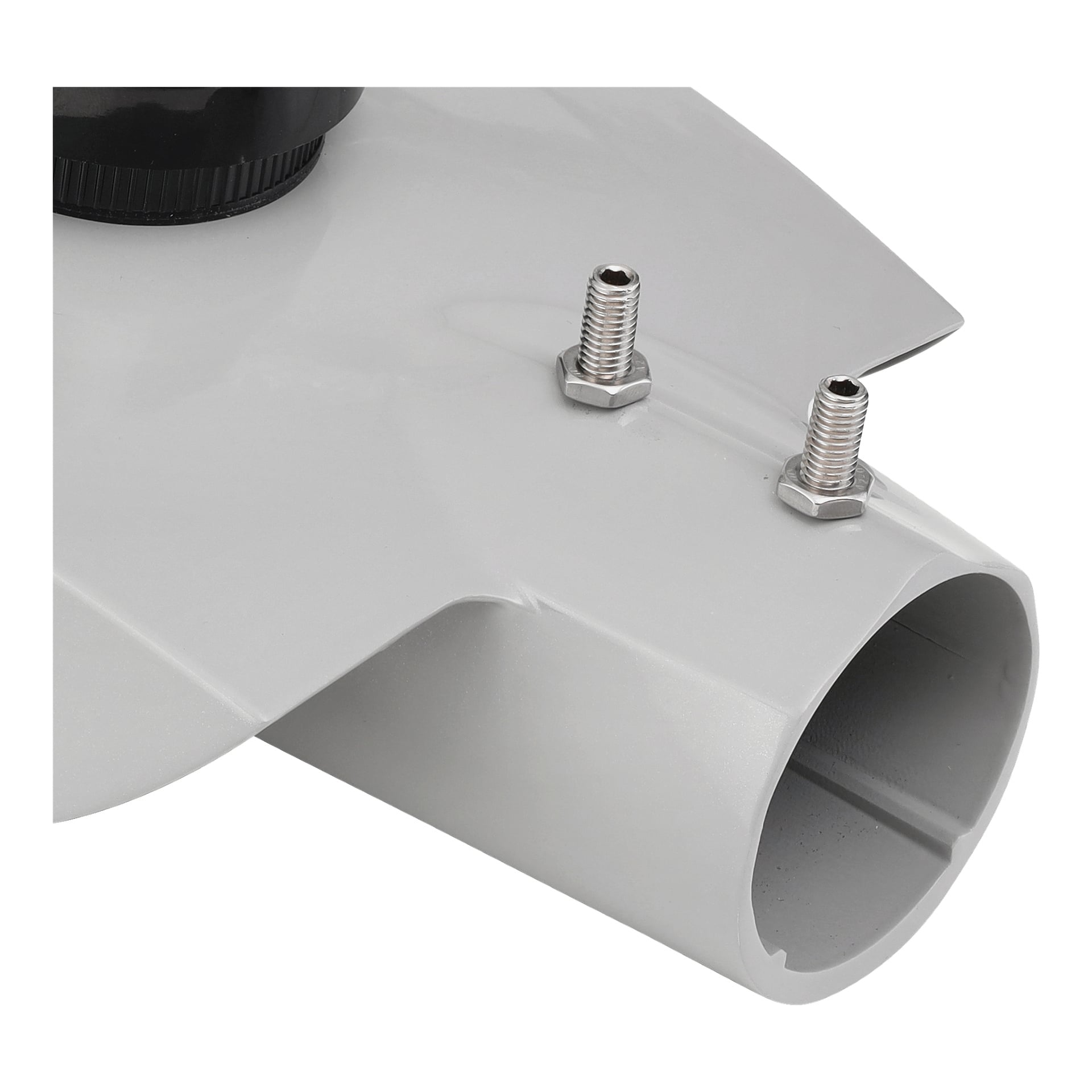 Detaljerad vy av en LED för belysning på Anslut Street, som visar en grå plastdel med en cirkulär öppning och två metallgängade bultar fastsatta med muttrar på ytan.