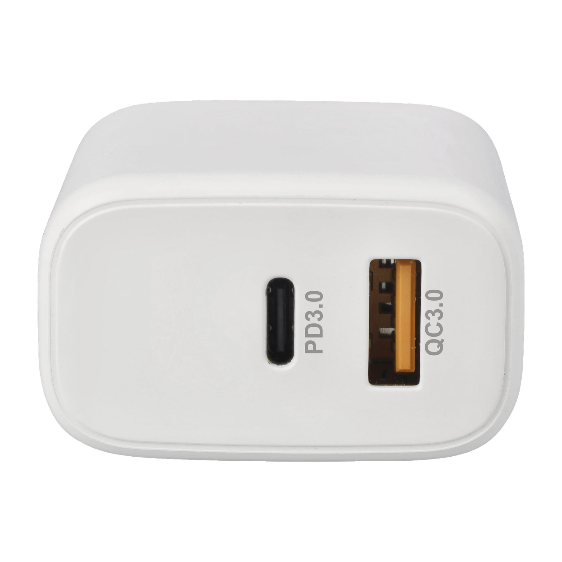 Närbild på Anslut Charger, en vit väggladdare med två portar: en USB-C-port märkt PD3.0 och en USB-A-port märkt QC3.0 med orange innerfoder (ICC) på innerfoder.