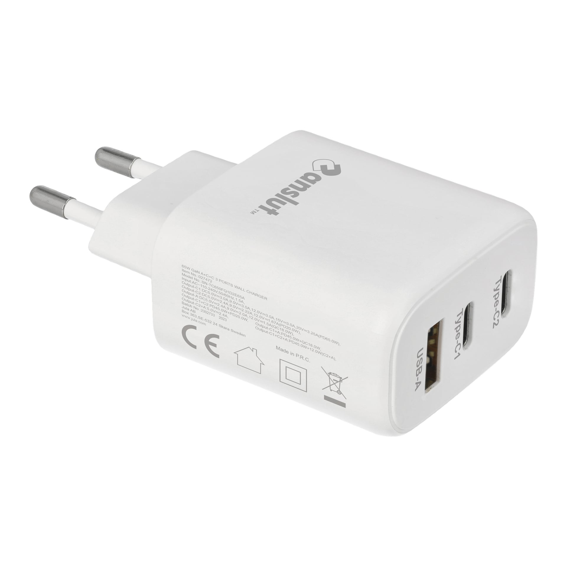 Anslut vit väggladdare utrustad med två runda stift, med en USB-A-port och en USB-C-port. Sidan visar certifieringssymboler och säkerhetsinstruktioner.