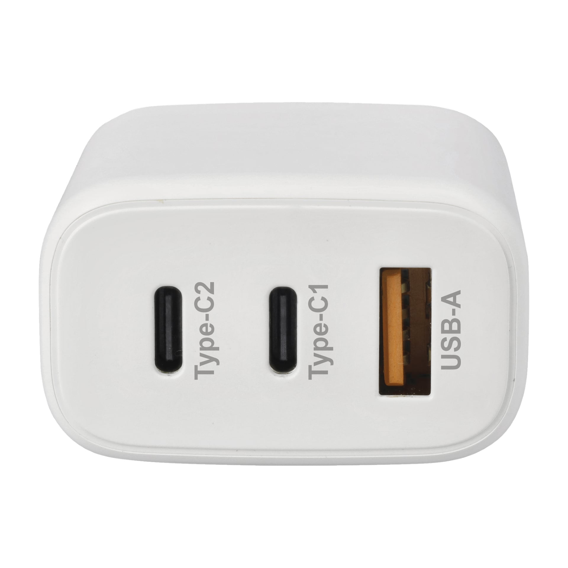Närbild på Anslut Charger, en kompakt vit väggladdare med två USB Type-C-portar märkta Type-C1 och Type-C2, samt en USB-A-port märkt USB-A. Alla tre portarna är placerade intill varandra på framsidan.