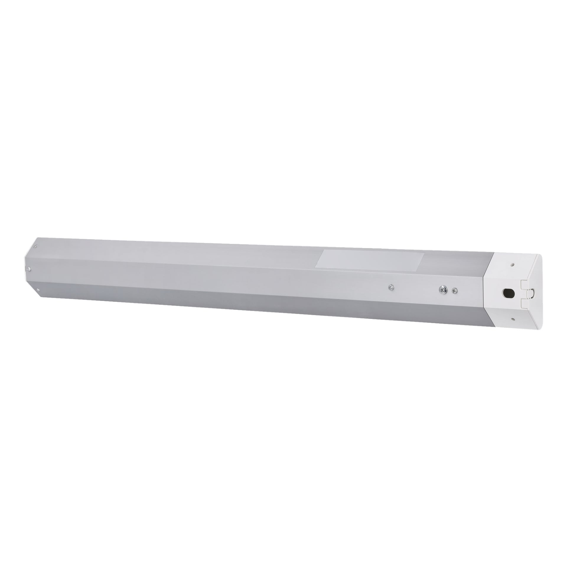 Ein silbernes rechteckiges Metallgehäuse mit einer weißen Kappe an einem Ende, sichtbaren Befestigungsschrauben und einer kleinen Öffnung, die als Bestandteil der Anslut Worktop LED-Leuchte dargestellt wird.