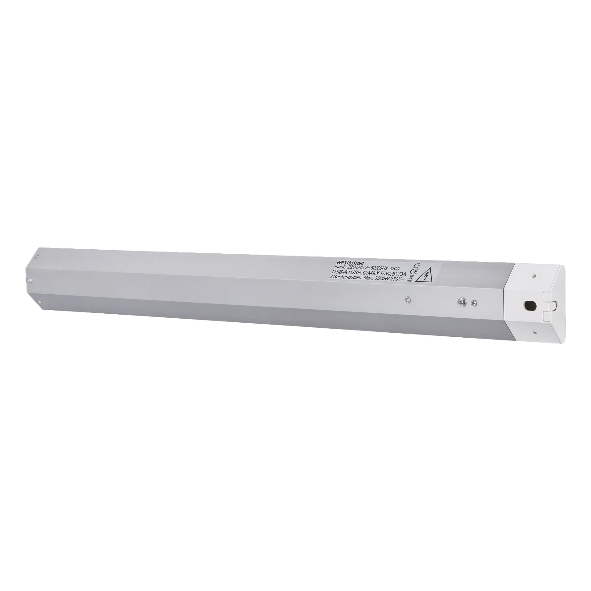 En rektangulär metall Anslut Worktop LED-lampa med en vit plaständlock som visar tekniska specifikationsmärkningar och certifieringsikoner. Enheten innehåller skruvar och en fack, troligen avsedd för montering eller anslutning av elledningar.